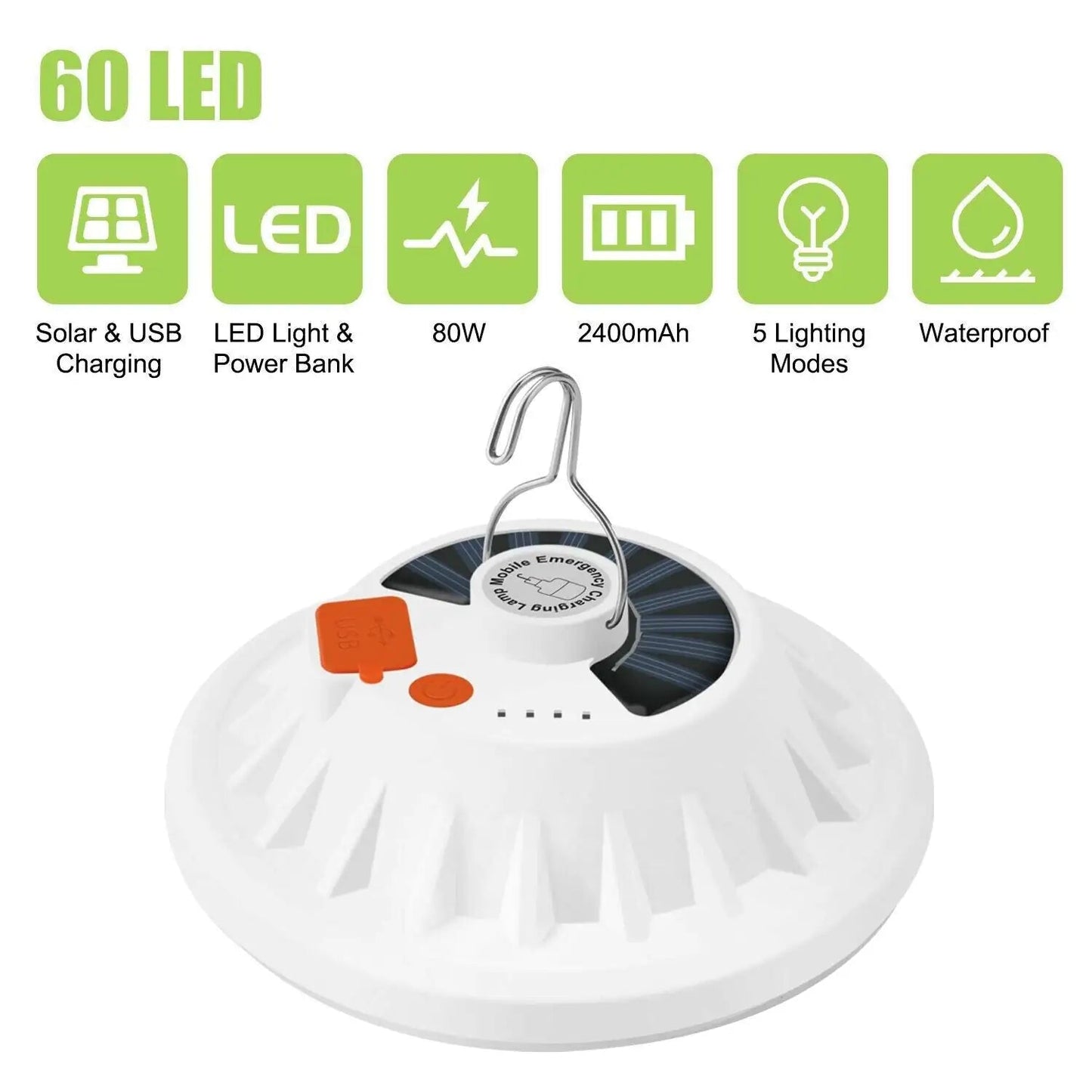 Rechargeable 60 LED Outdoor Camping Tent Light USB & Solar Lantern Hiking Lamp Anti Spier