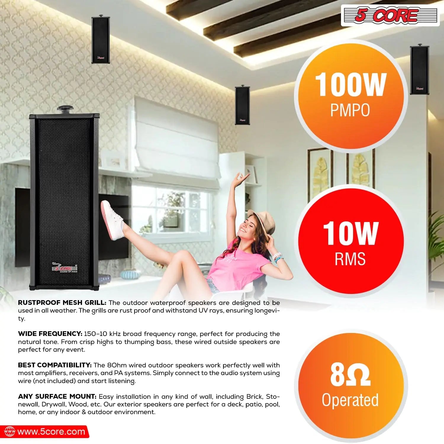 5Core Outdoor Speakers Stereo In Wall 100W Peak Passive Home Audio System Anti Spier
