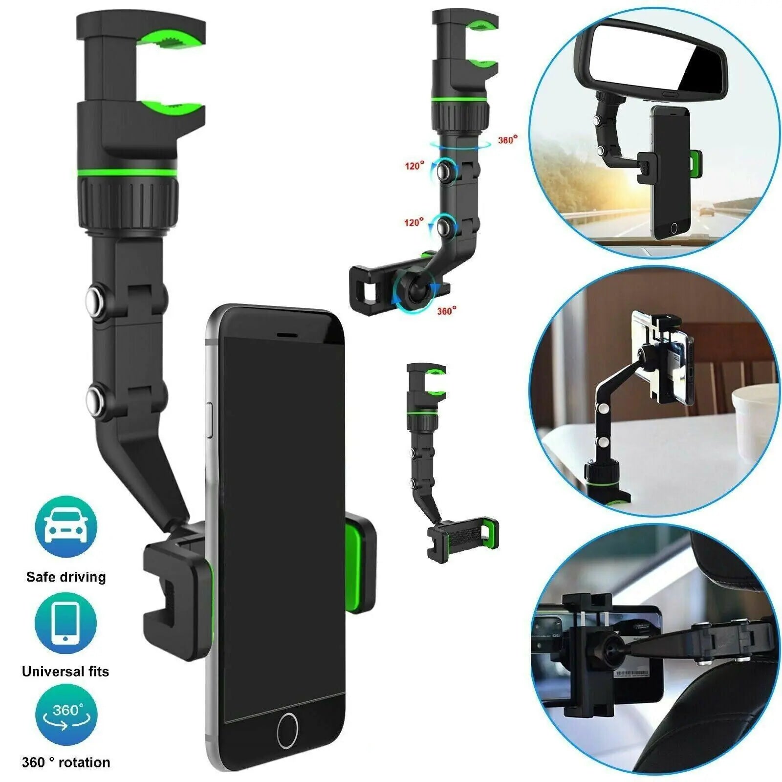 Compact, durable phone holder that attaches securely to any car mirror.