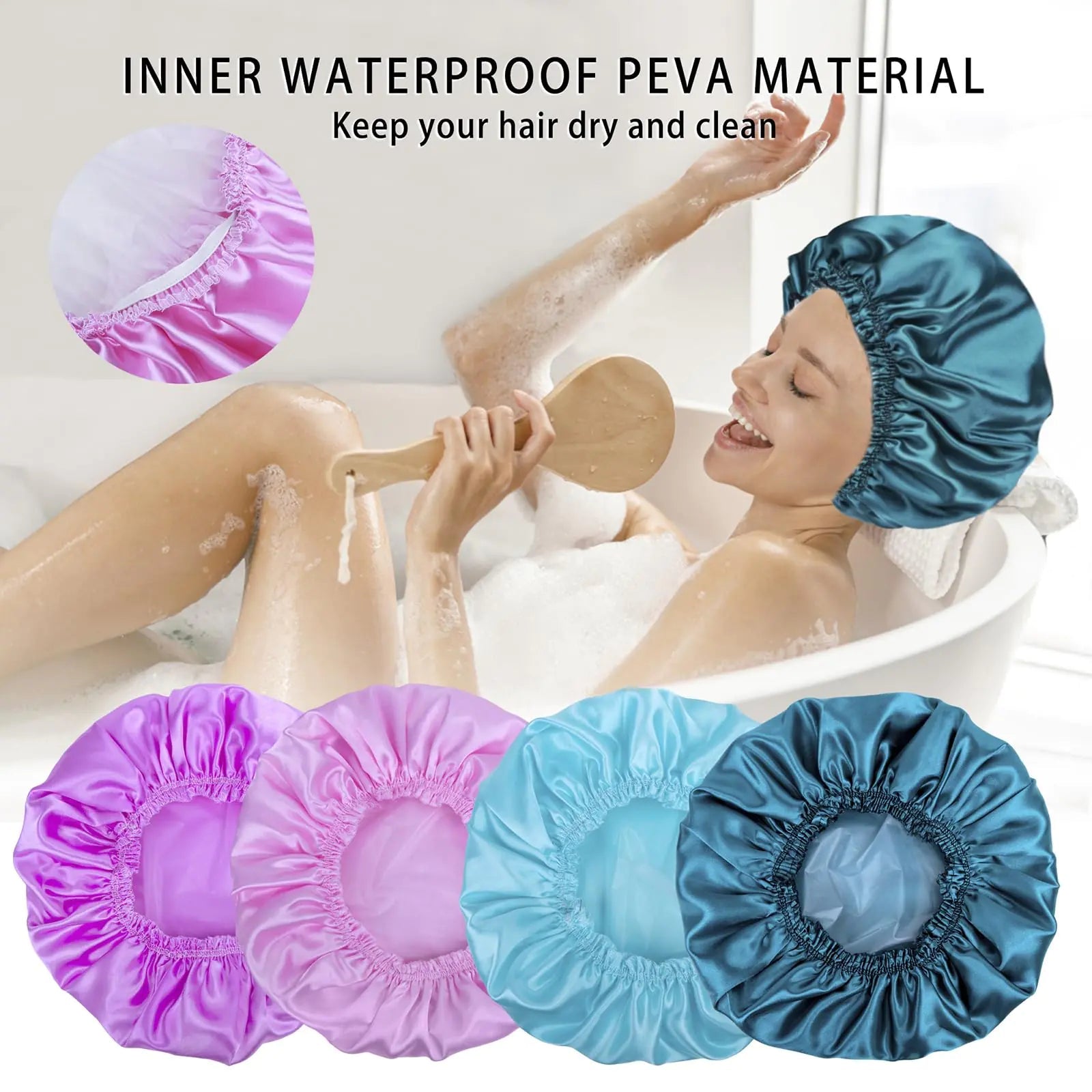 Shower Caps for Women, 4 PCS Elastic and Reusable Bath Caps, Double Waterproof Layers Shower Cap, Bathing Shower Caps, Environmental Protection Hair Bath Hat - Solid Color Solid Color 4 PCS/Set Anti Spier