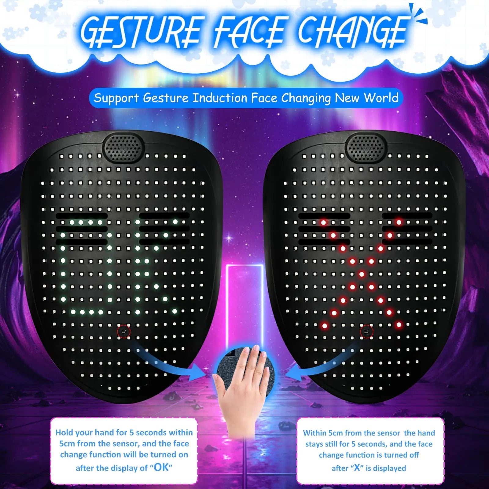 Depointer Life Led Mask with Gesture Sensing,Unisex LED Lighted Face Transforming Mask for Costume Cosplay Party Masquerade Music Mask Rechargeable Anti Spier