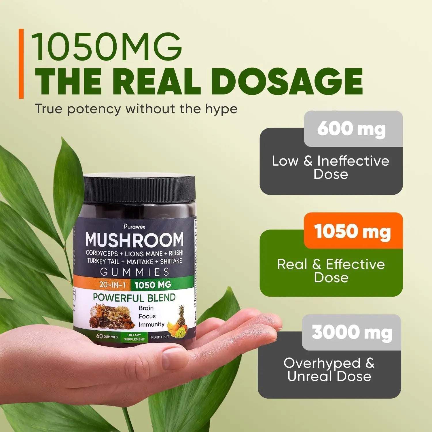 Purawex Mushroom Gummies, 20 in 1 Mushroom Complex 1050 MG, Cordyceps, Reishi, Anti Spier