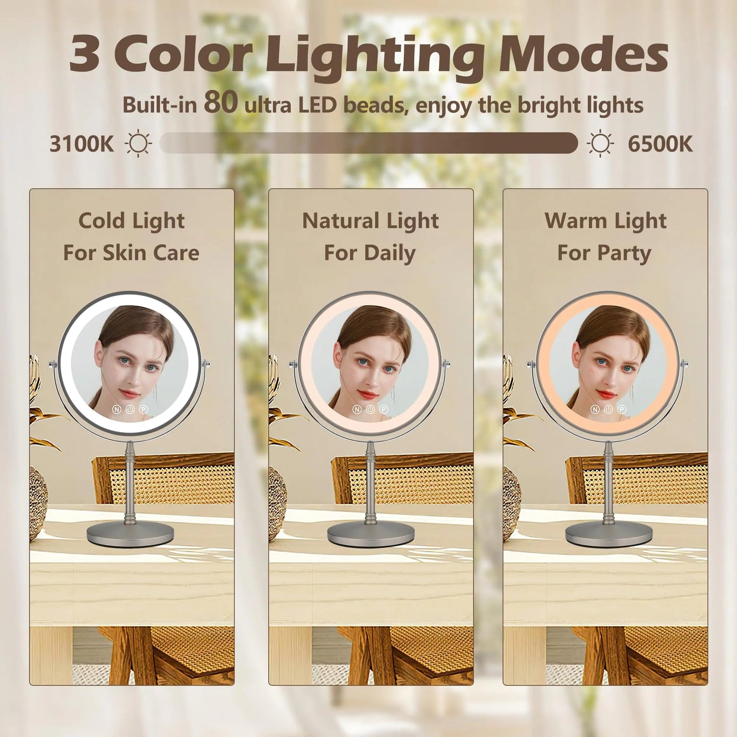 9" Large Makeup Mirror with Lights, 1X/10X Magnifying Vanity Mirror with 3 Colors Dimmable Lightning, 80 LED Lights, 360°Rotation Double Sided Standing Lighted Makeup Mirror Nickel Matte Nickel Anti Spier