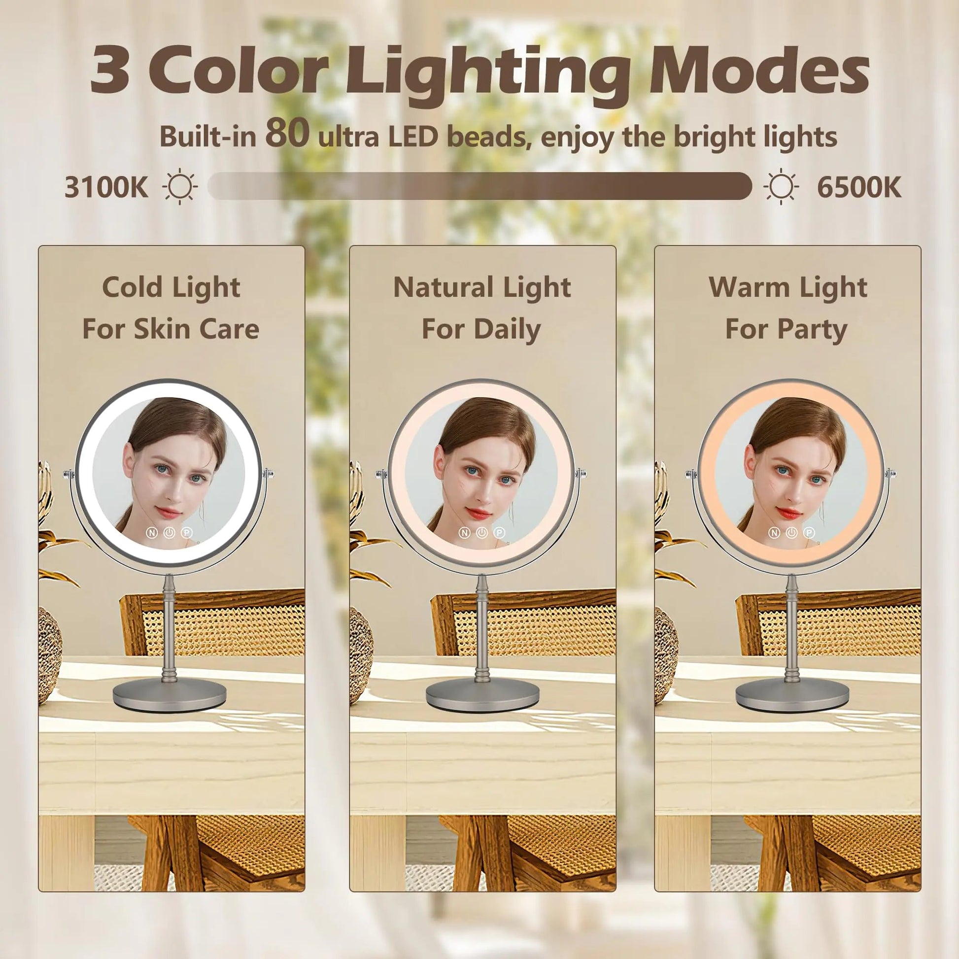 9" Large Makeup Mirror with Lights, 1X/10X Magnifying Vanity Mirror with 3 Colors Dimmable Lightning, 80 LED Lights, 360°Rotation Double Sided Standing Lighted Makeup Mirror Nickel Matte Nickel Anti Spier