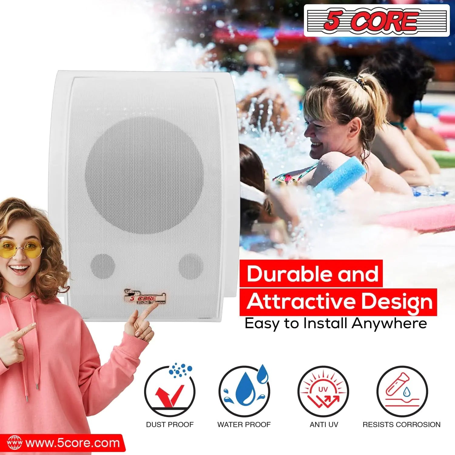 5Core Outdoor Speakers Stereo In Wall 100W Peak Passive Home Audio System Anti Spier