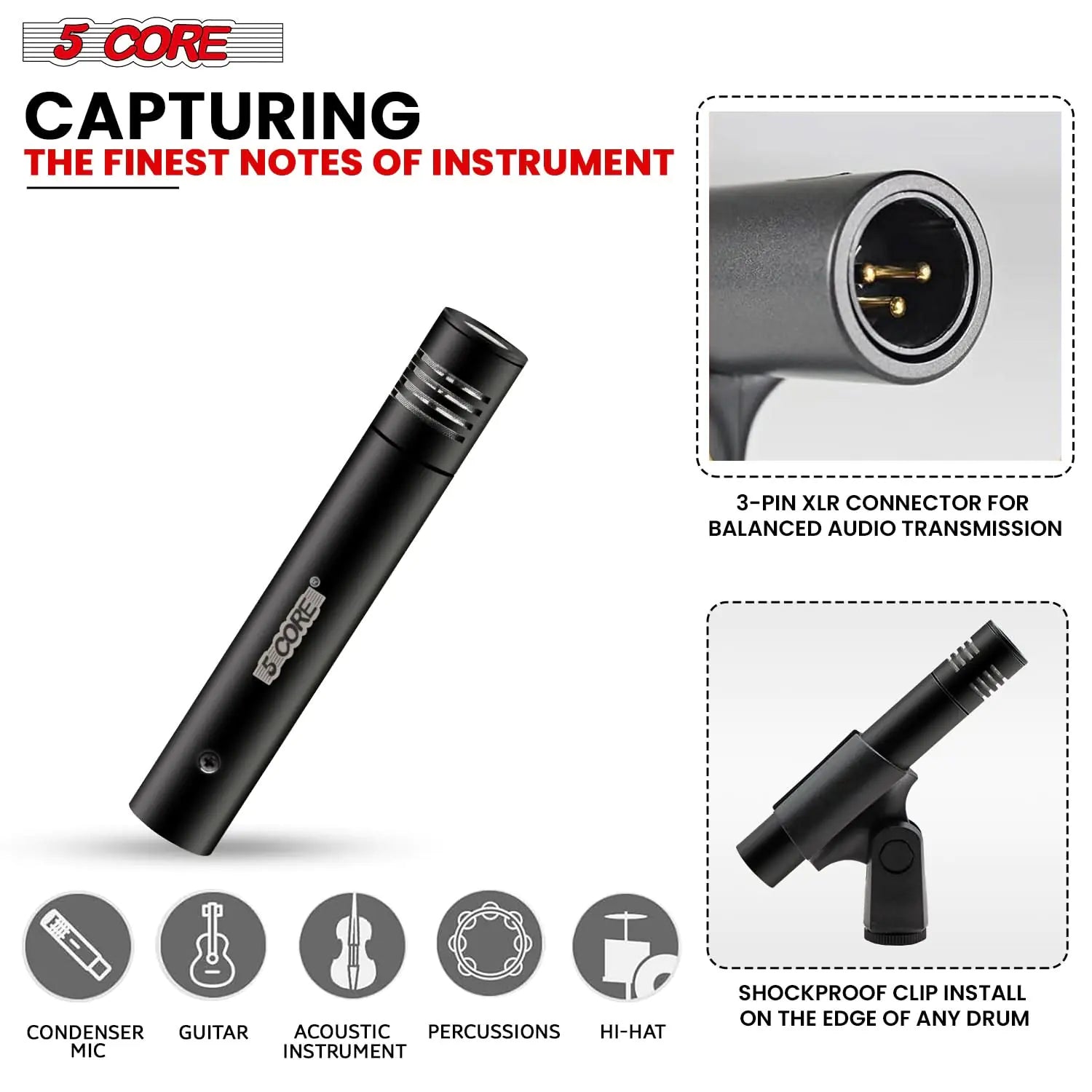 5Core Dynamic Instrument Microphone Professional XLR Cardioid Pencil Stick Condenser Mic Anti Spier