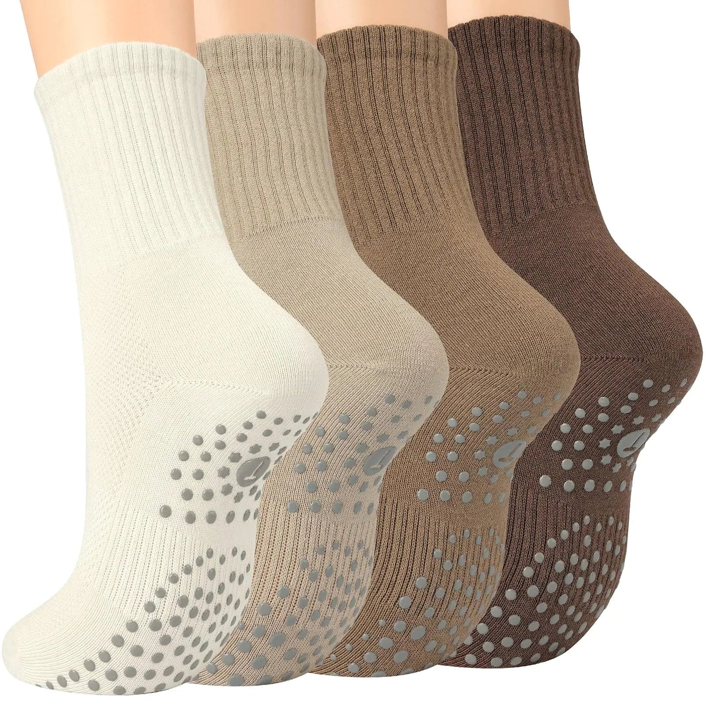 Toes Home Pilates Socks for Women with Non Slip Grippers, Yoga Crew Socks for Barre Hospital Sticky Slipper Socks 4 Pairs 6-10 Tan Anti Spier