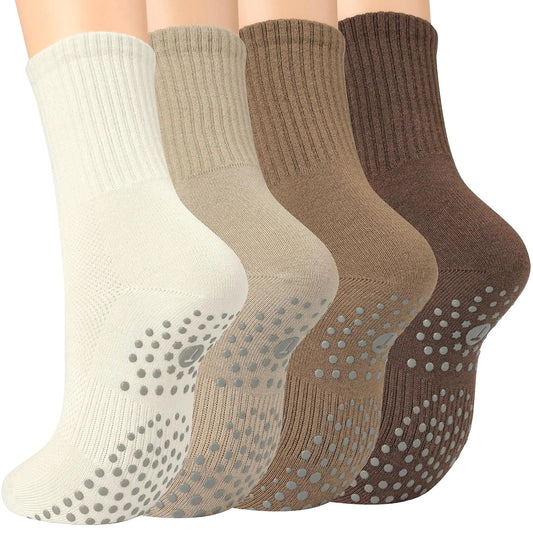 Toes Home Pilates Socks for Women with Non Slip Grippers, Yoga Crew Socks for Barre Hospital Sticky Slipper Socks 4 Pairs 6-10 Tan Anti Spier