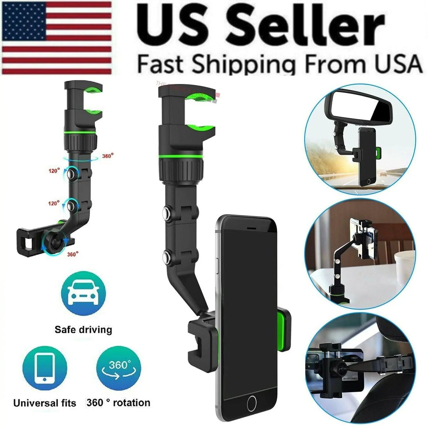 Enjoy safe, hands-free driving with this 360° rotating rearview mirror phone holder.