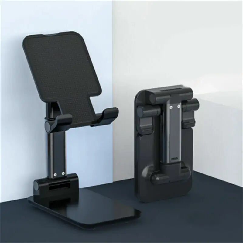 Foldable desk mount for mobile phones, iPads, and tablets.