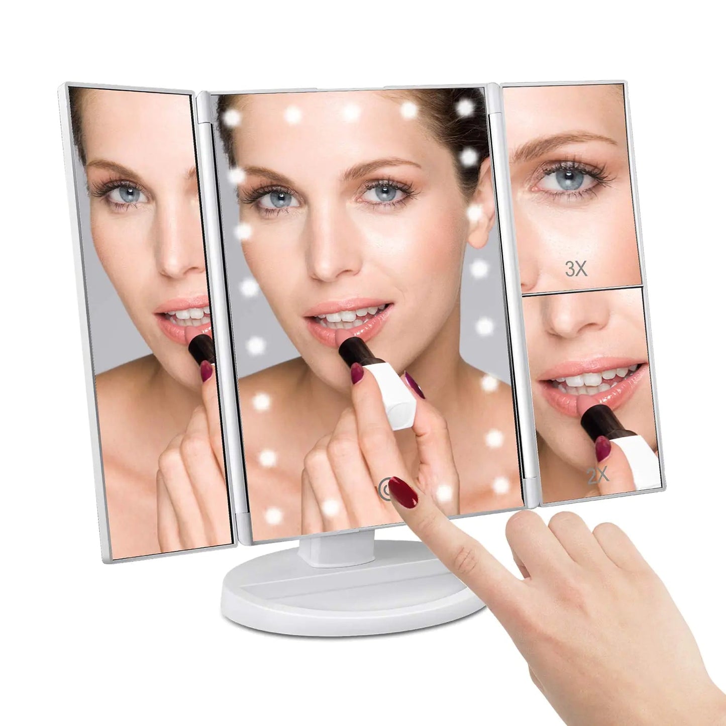 Floor Mount Tri-Fold Lighted Vanity Mirror with 21 LED Lights, Touch Screen and 3X/2X/1X Magnification, Two Power Supply Modes Make Up Mirror,Travel Mirror White Anti Spier