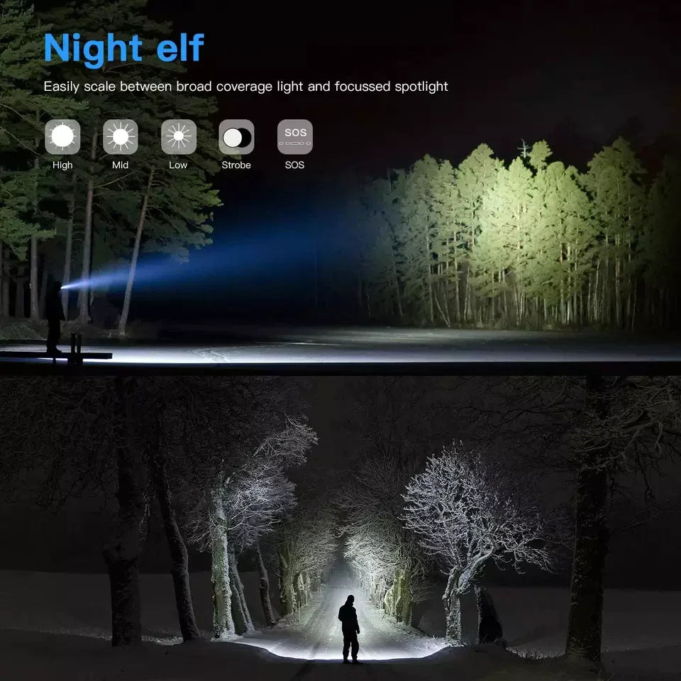 Super-Bright 90000LM LED Tactical Flashlight 5 Modes Zoomable Torch Searchlight Anti Spier