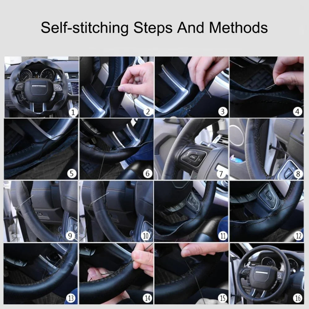 Genuine Leather DIY Car Steering Wheel Cover Anti-slip For 15"/38 cm Black US Anti Spier