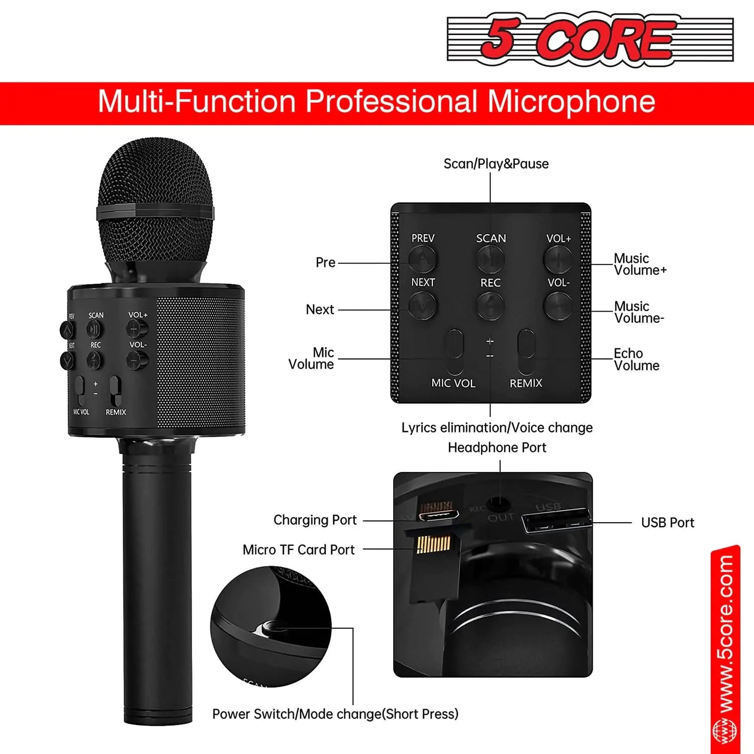 5Core Wireless Karaoke Microphone Bluetooth Mic Portable Handheld Microfonos Inalambricos Anti Spier
