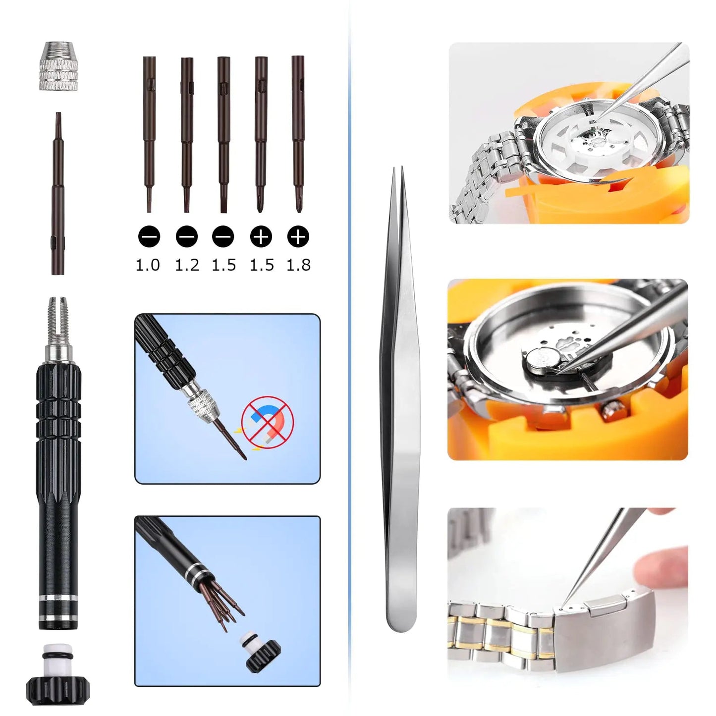 JOREST Watch Battery Replacement Kit, Watch Repair Screwdriver, Watch Band Replacement tool, Watch Wrench Back Remover, Watch Case Opener, Watch Back Remover Holder, Spring bar, Tweezers Anti Spier