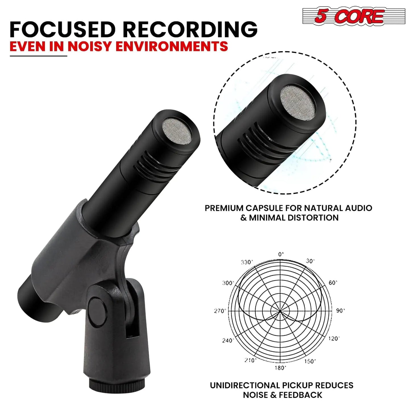 5Core Dynamic Instrument Microphone Professional XLR Cardioid Pencil Stick Condenser Mic Anti Spier