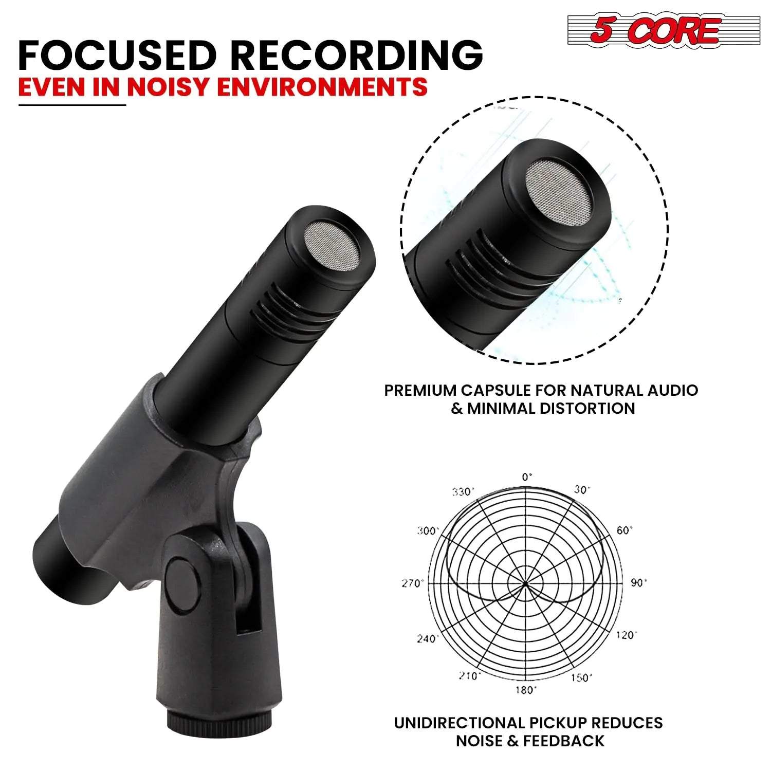 5Core Dynamic Instrument Microphone Professional XLR Cardioid Pencil Stick Condenser Mic Anti Spier