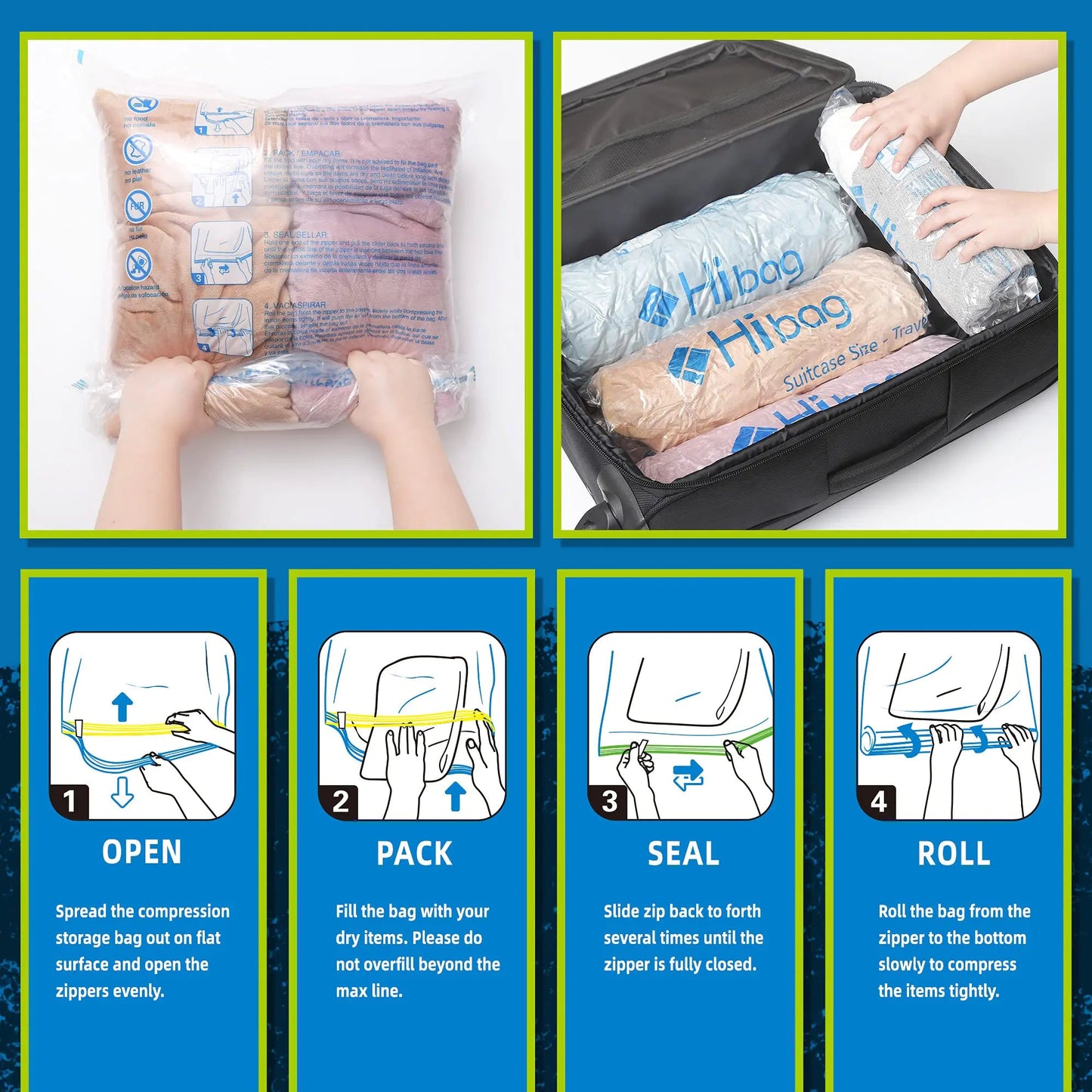 HIBAG 12 Compression Bags for Travel, Travel Essentials Compression Bags, Vacuum Packing Space Saver Zipper Bags for Cruise Travel Accessories (12-Travel) Anti Spier