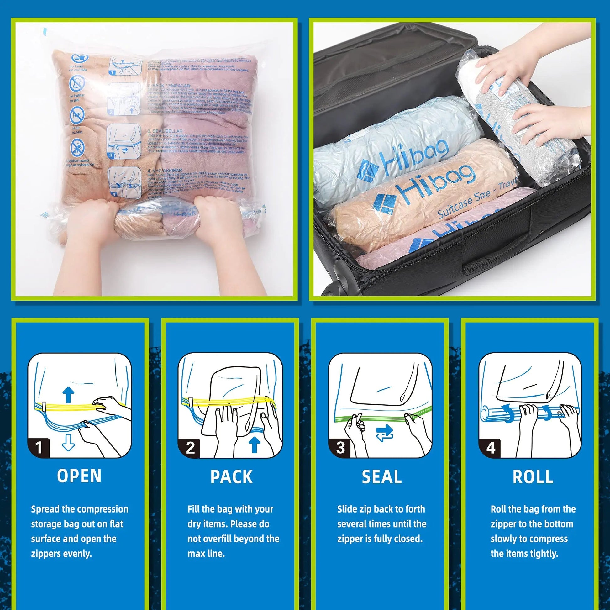 HIBAG 12 Compression Bags for Travel, Travel Essentials Compression Bags, Vacuum Packing Space Saver Zipper Bags for Cruise Travel Accessories (12-Travel) Anti Spier