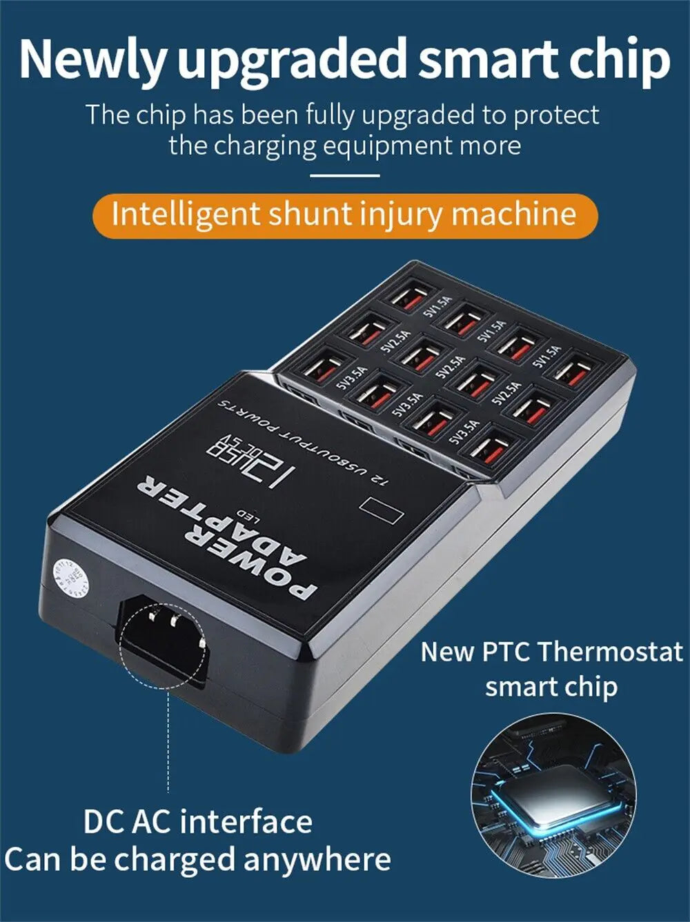 Compact USB charger organizer hub with 12 universal charging ports.;