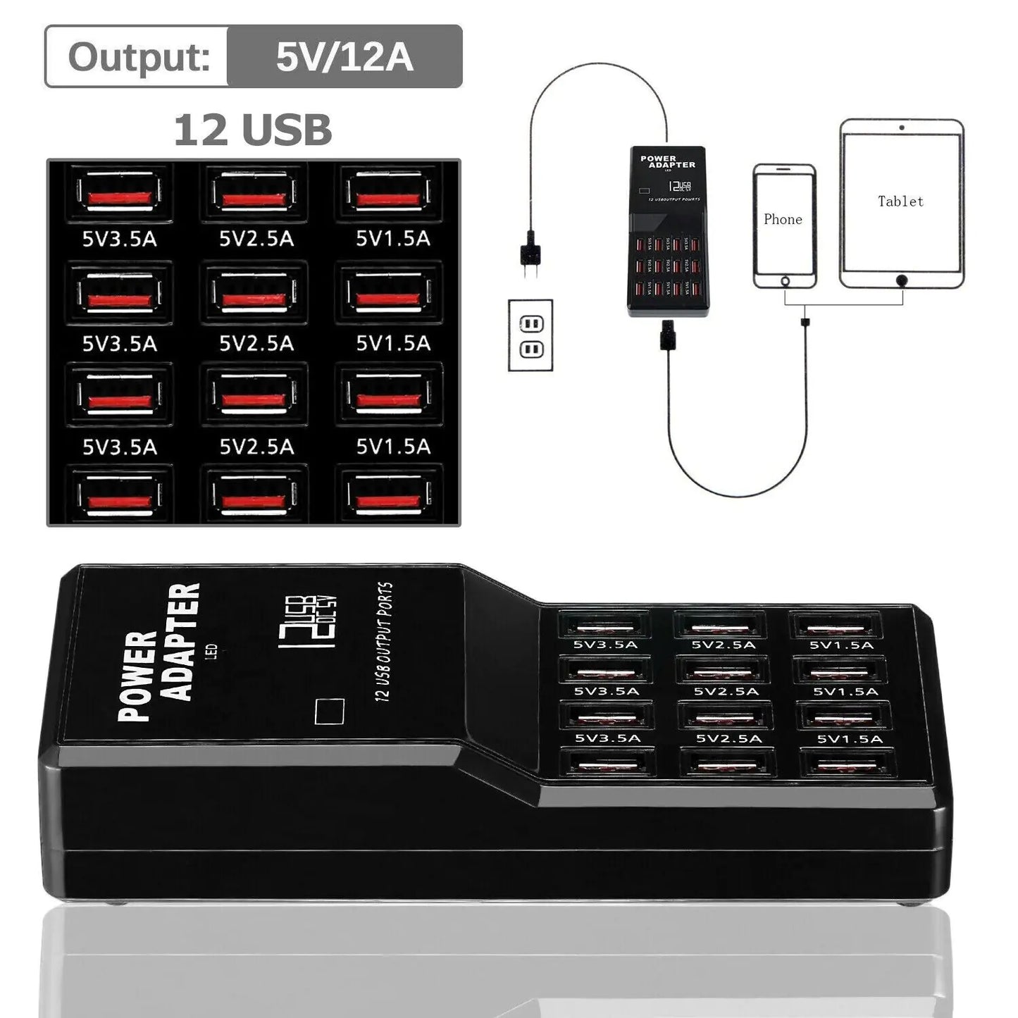 High-speed 12-port USB charging station for smartphones and tablets.