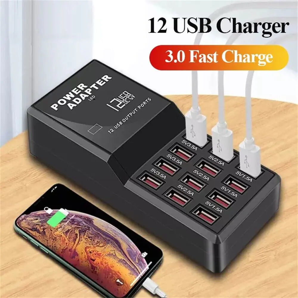 Universal charging station with 12 USB ports for simultaneous use.