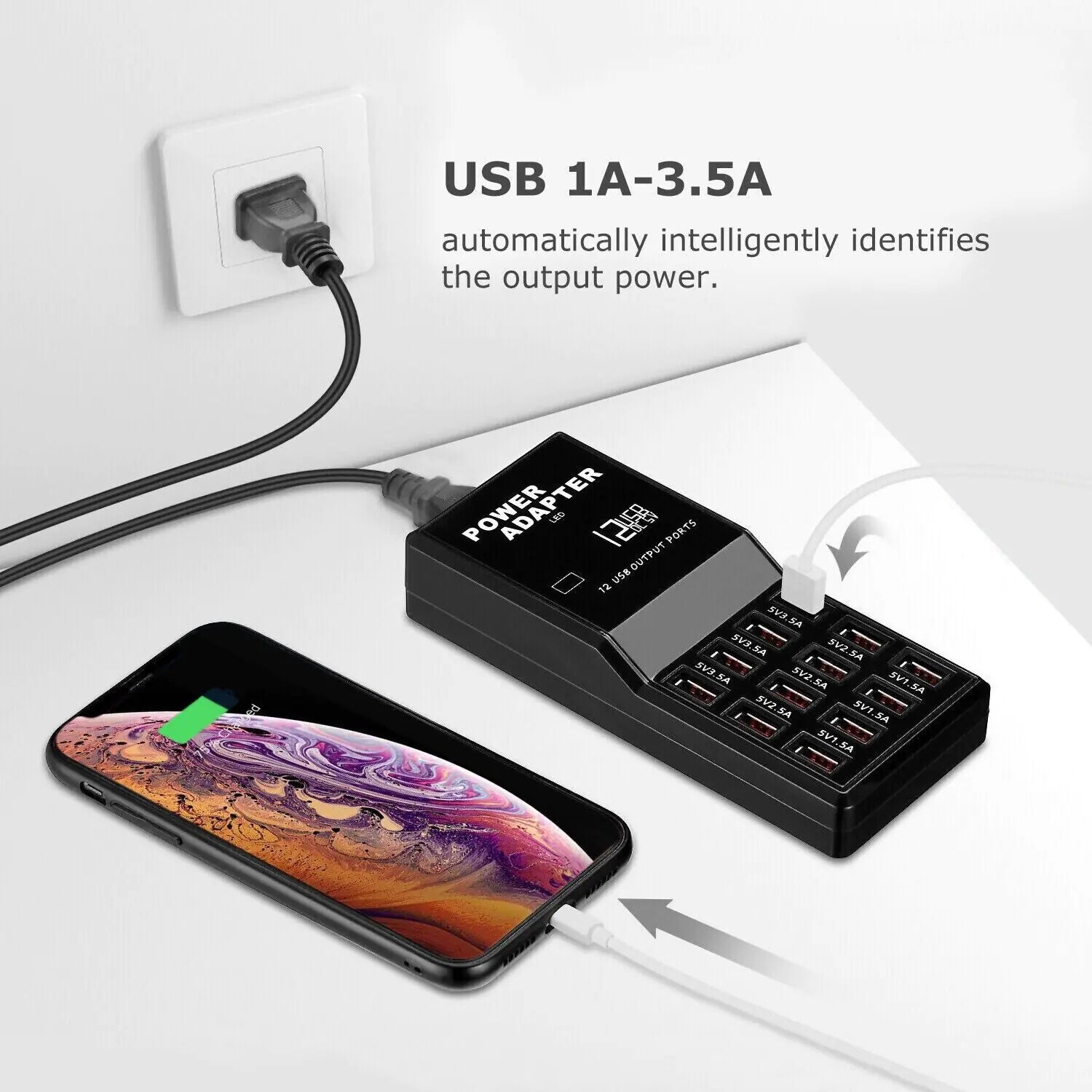 Desktop USB charging hub with 12 ports for multiple devices.
