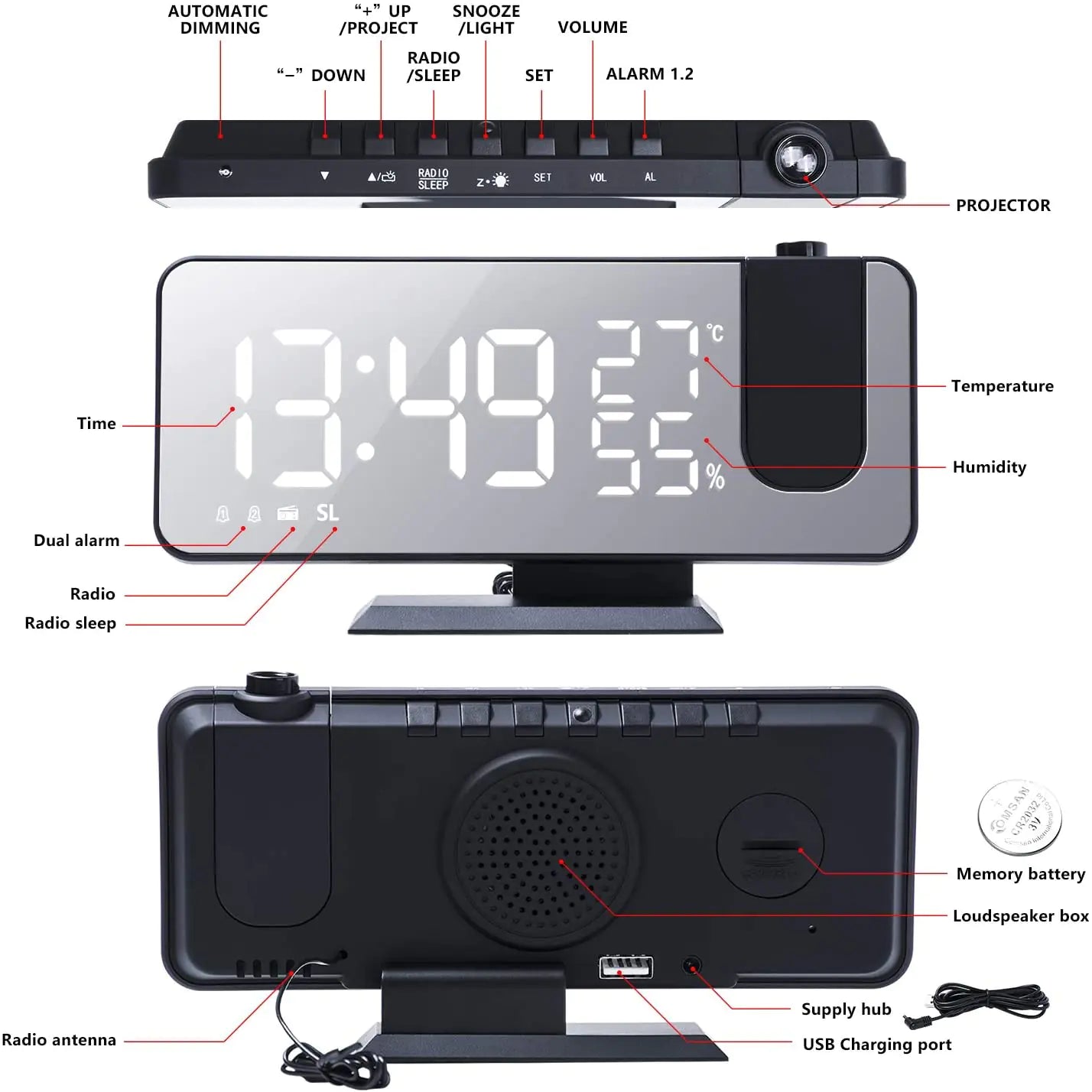 LED Projection Digital Alarm Clock Phone Charger Anti Spier