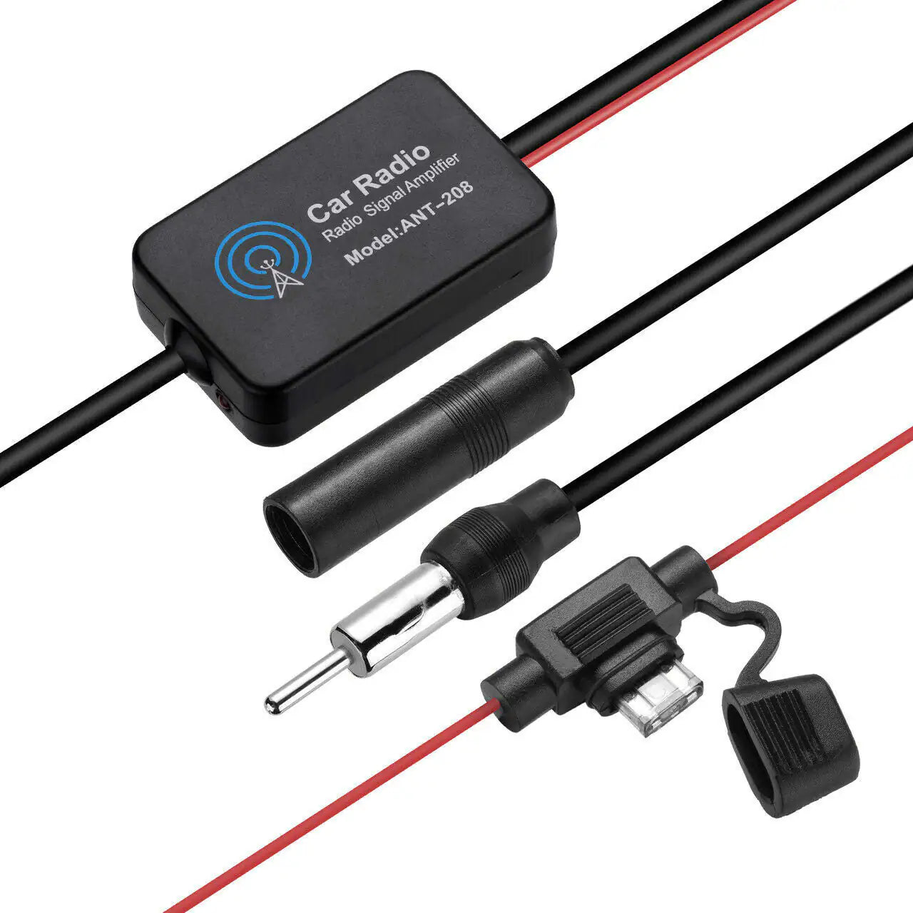 Car radio antenna signal booster amplifier for clearer sound and stronger reception.