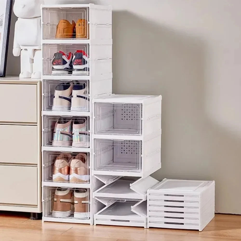 Foldable Shoe Rack Organizer 6 Layers Transparent Tackie Box Collapsible Home Sneaker Storage Stackable Shoes Cabinet For Closet Anti Spier