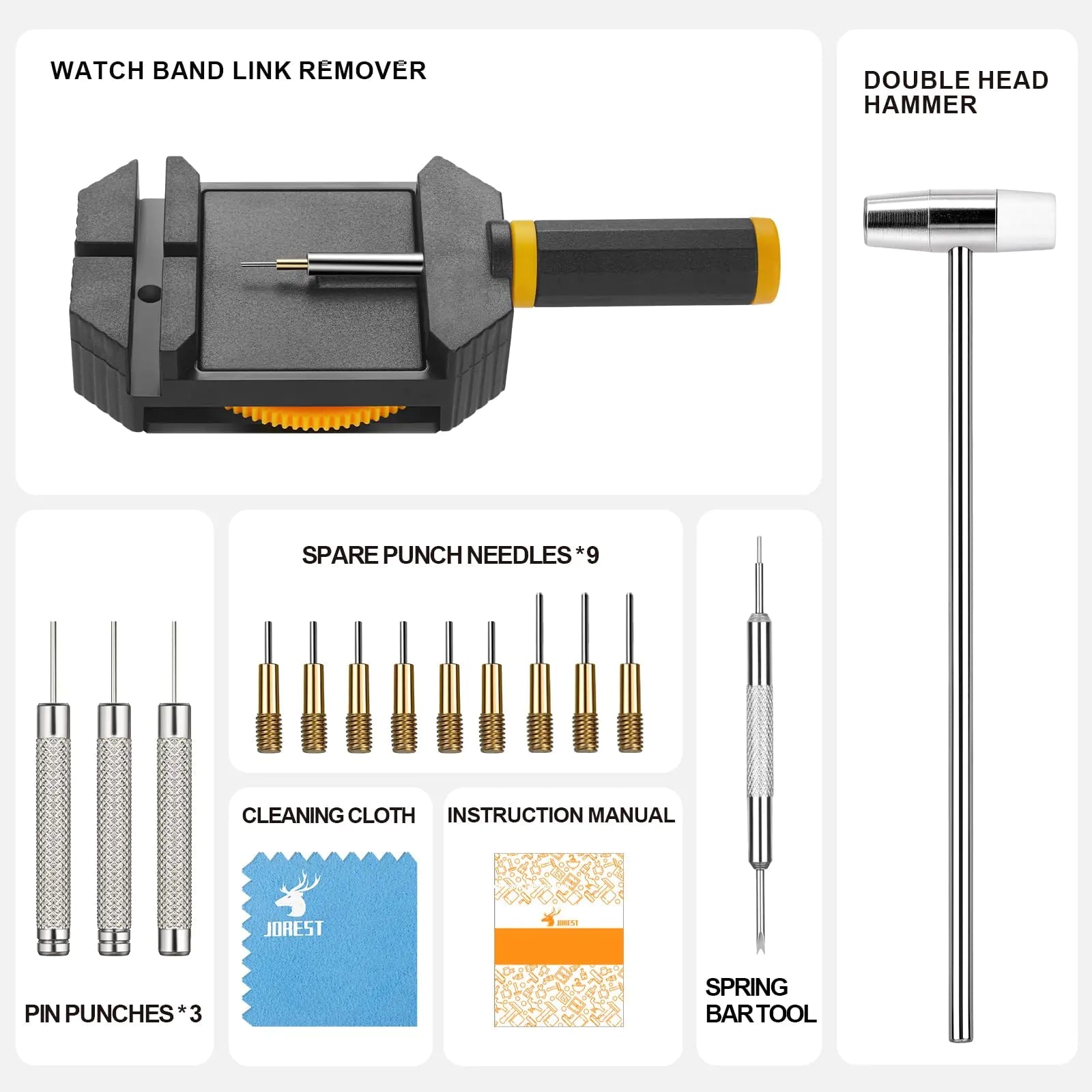 JOREST Watch Link Removal Kit, Resizing Tool for Bracelet Adjustment & Replacement, Pin Remover for Sizing Strap, Watch Adjuster, Hammer for Watch Repair, Adjust Band, with User Manual, Punches Orange Anti Spier
