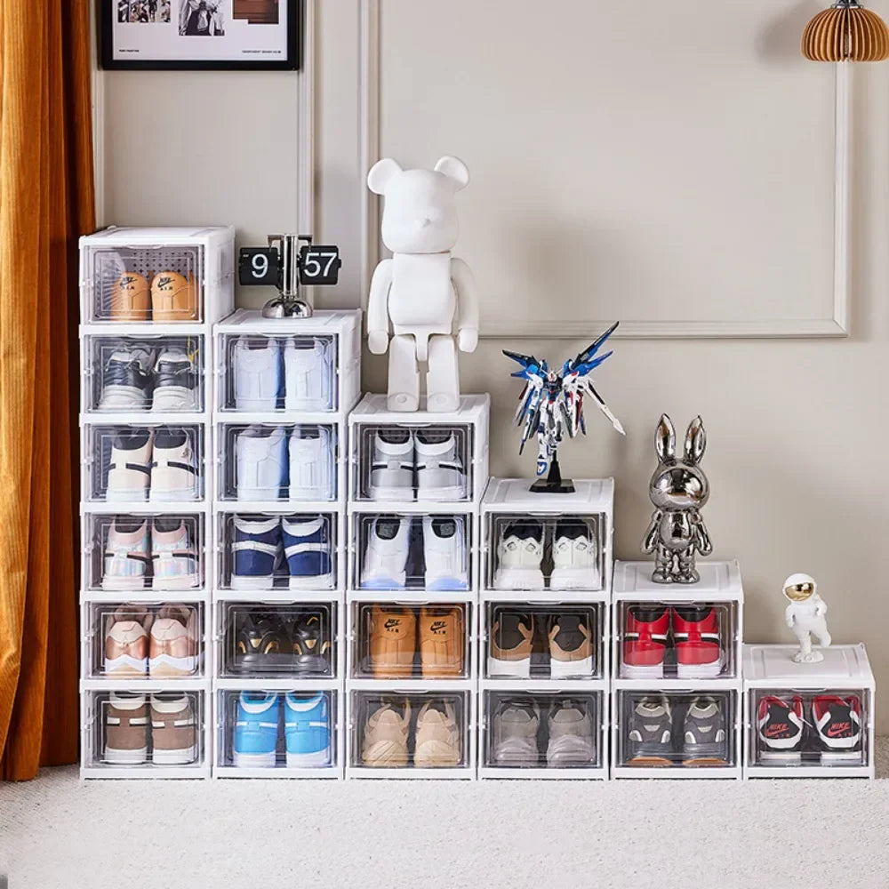 Foldable Shoe Rack Organizer 6 Layers Transparent Tackie Box Collapsible Home Sneaker Storage Stackable Shoes Cabinet For Closet Anti Spier