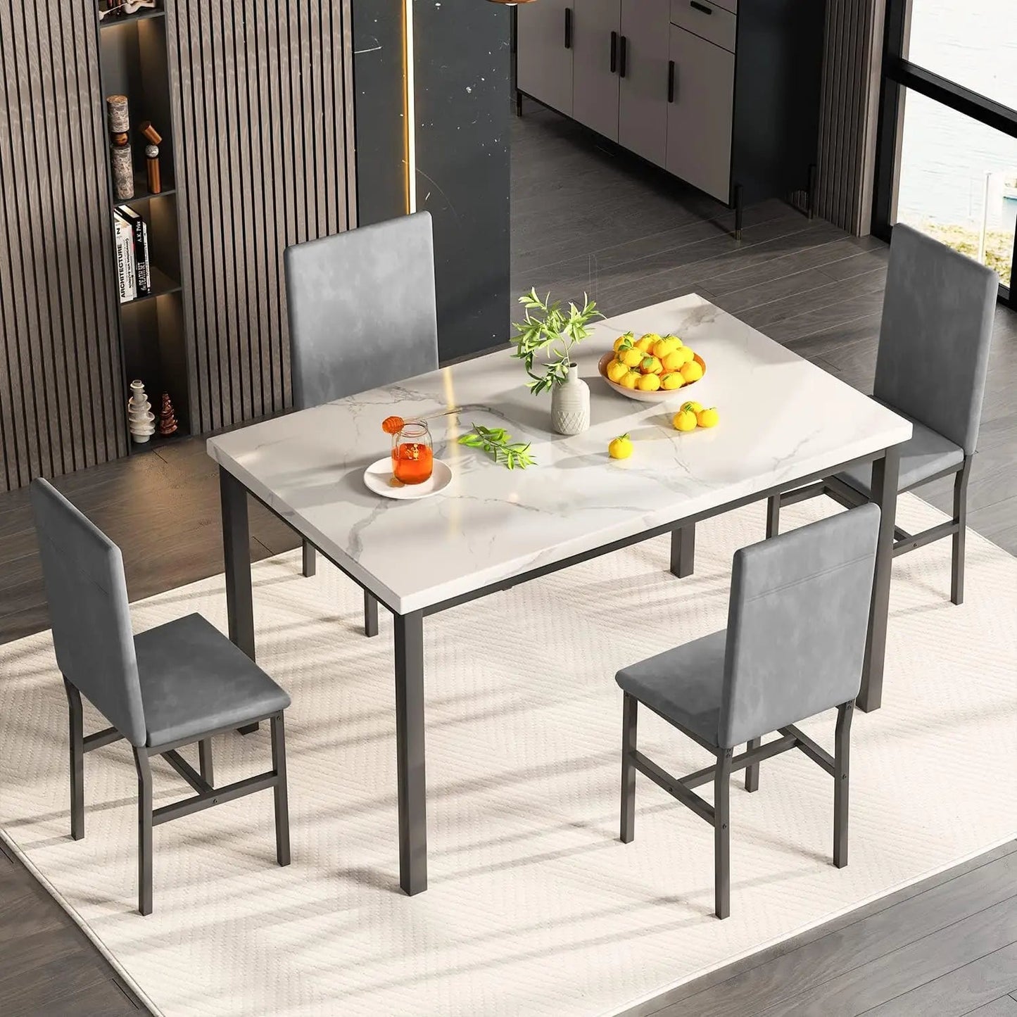 Dining Table Set for 4, 5-Piece Marble DiningTableSet with 4 Velvet Metal Frame Chairs for Kitchen, Bar, Living Room Anti Spier