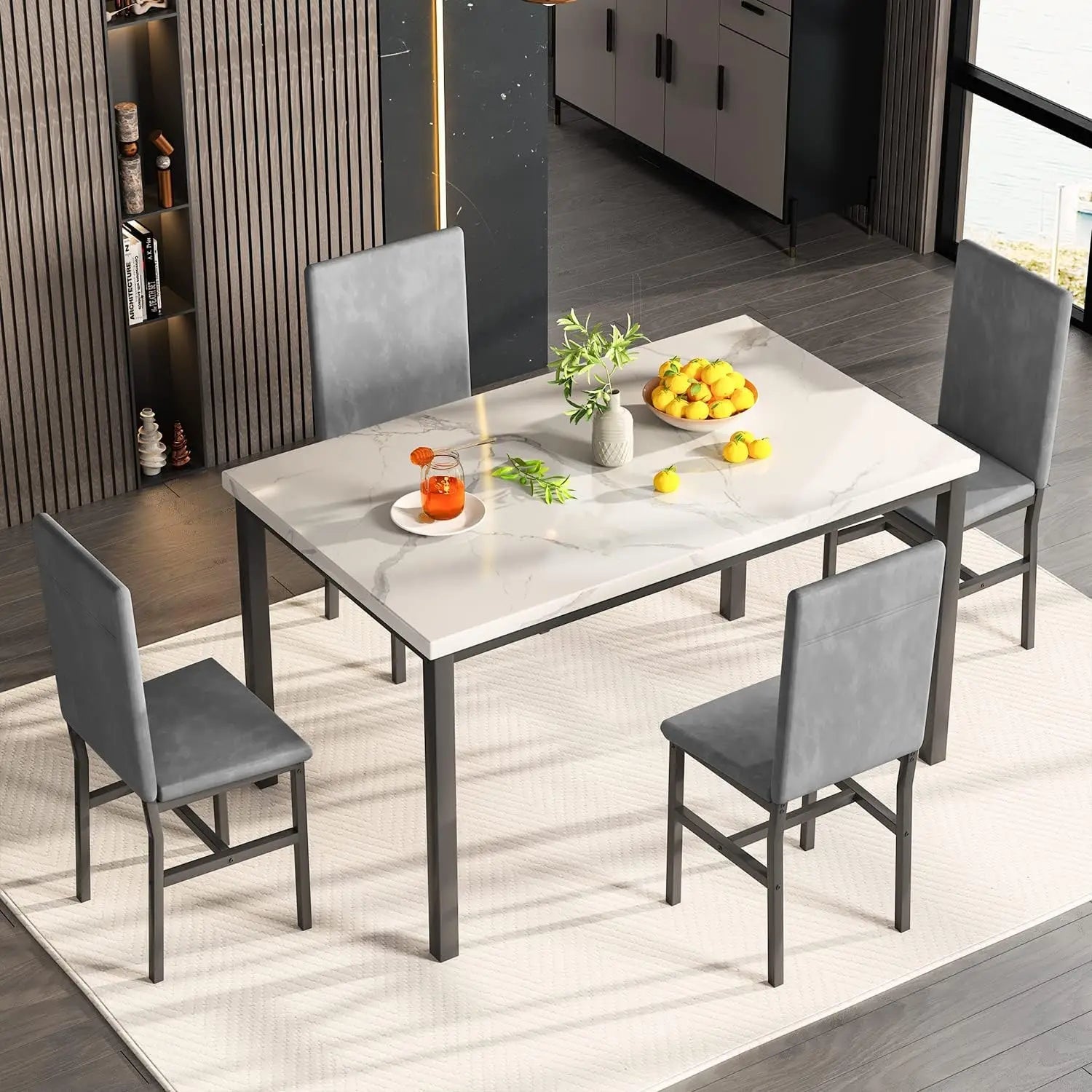 Dining Table Set for 4, 5-Piece Marble DiningTableSet with 4 Velvet Metal Frame Chairs for Kitchen, Bar, Living Room Anti Spier