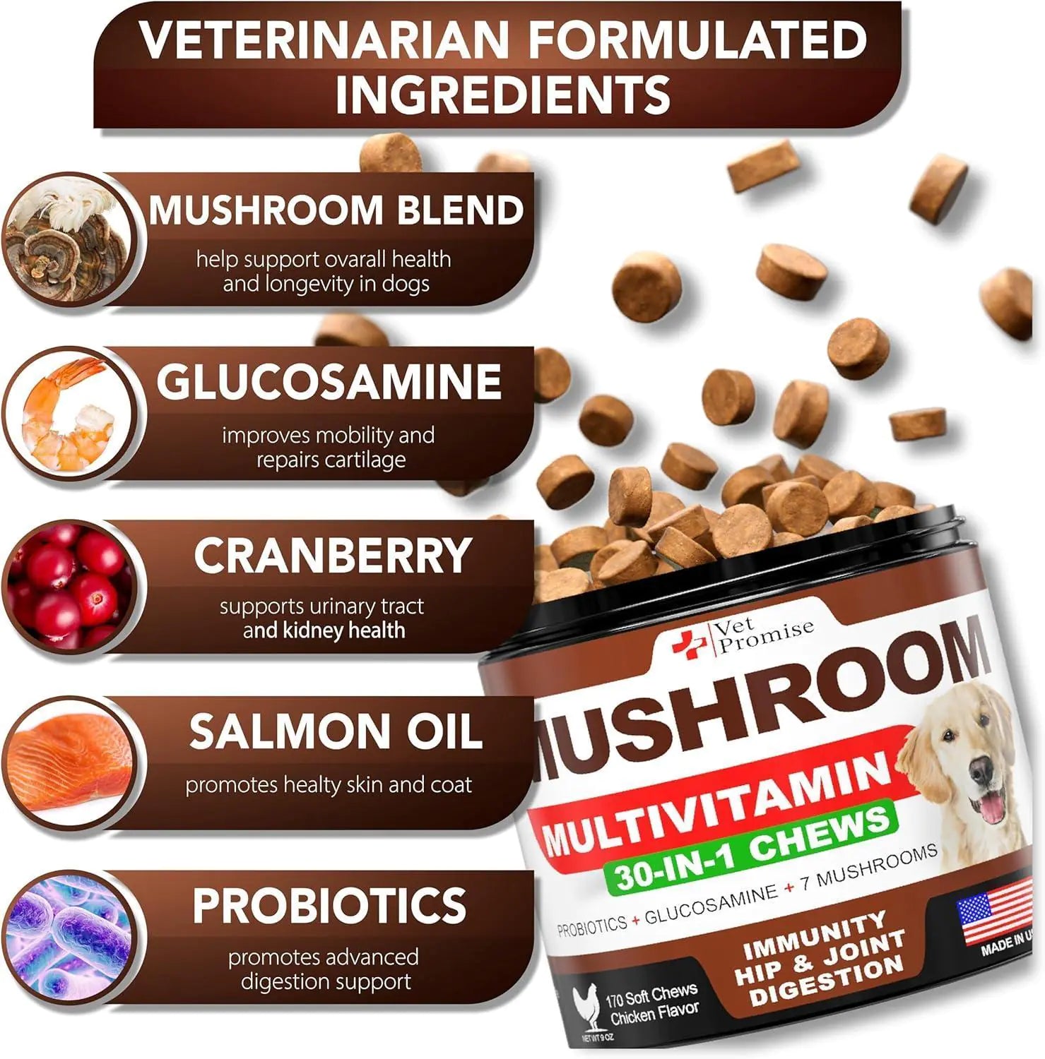 Mushroom for Dogs 170 Chews Turkey Tail Mushroom for Dogs Lions Mane Reishi Anti Spier