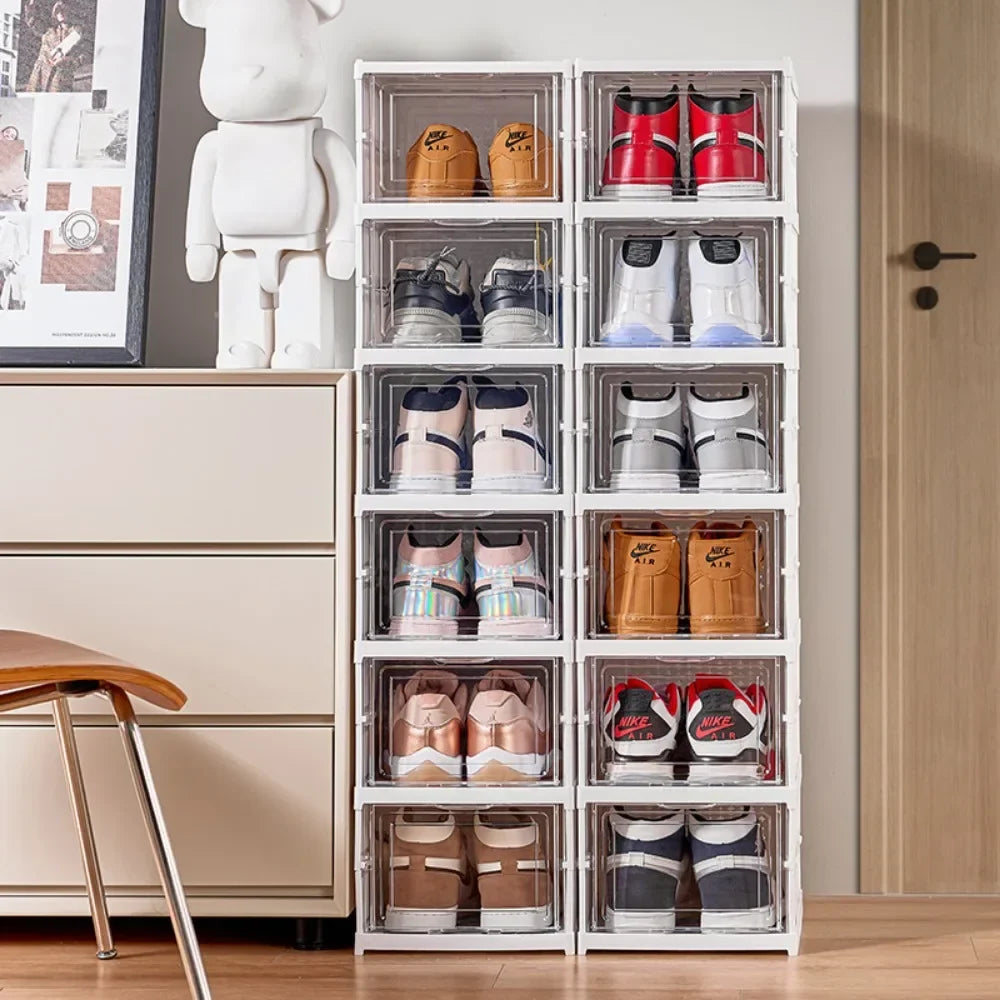 Foldable Shoe Rack Organizer 6 Layers Transparent Tackie Box Collapsible Home Sneaker Storage Stackable Shoes Cabinet For Closet Anti Spier