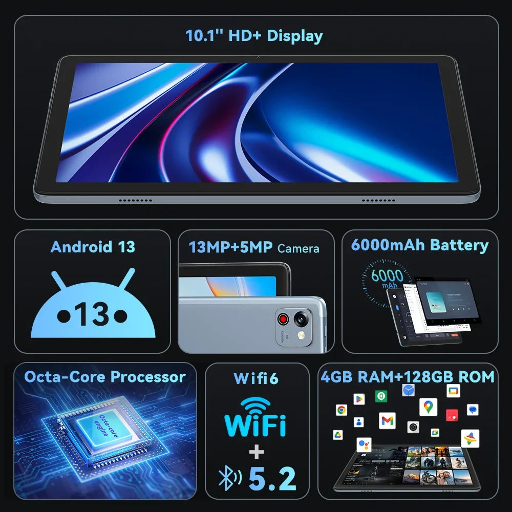 Cubot TAB 60 Tablet Octa core Android 13 8GB RAM(4GB+4GB) +128GB ROM 10.1" HD+ Screen  Wi-Fi 6 13MP Rear Camera 6000mAh Battery Anti Spier