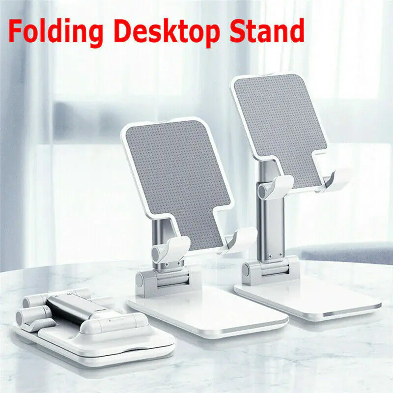 Multi-angle adjustable desktop phone holder for smartphones and tablets.