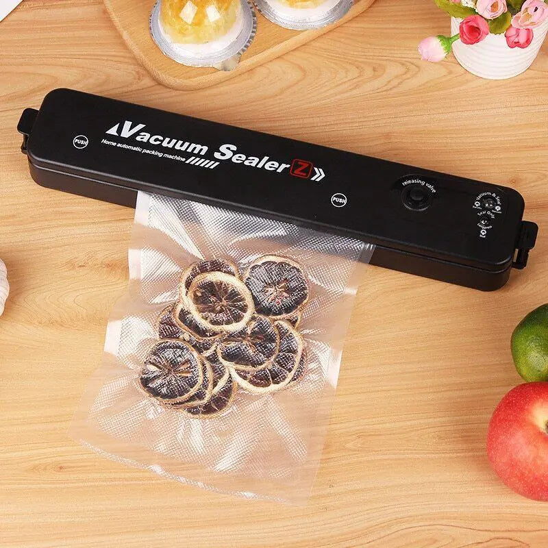 Automatic vacuum sealer keeps food airtight and fresh.
