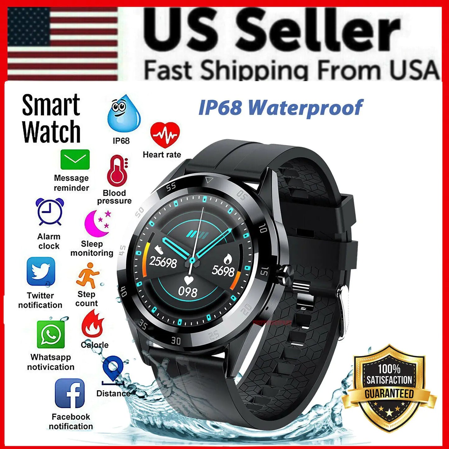 Waterproof Bluetooth smartwatch with heart rate tracker for iOS and Android