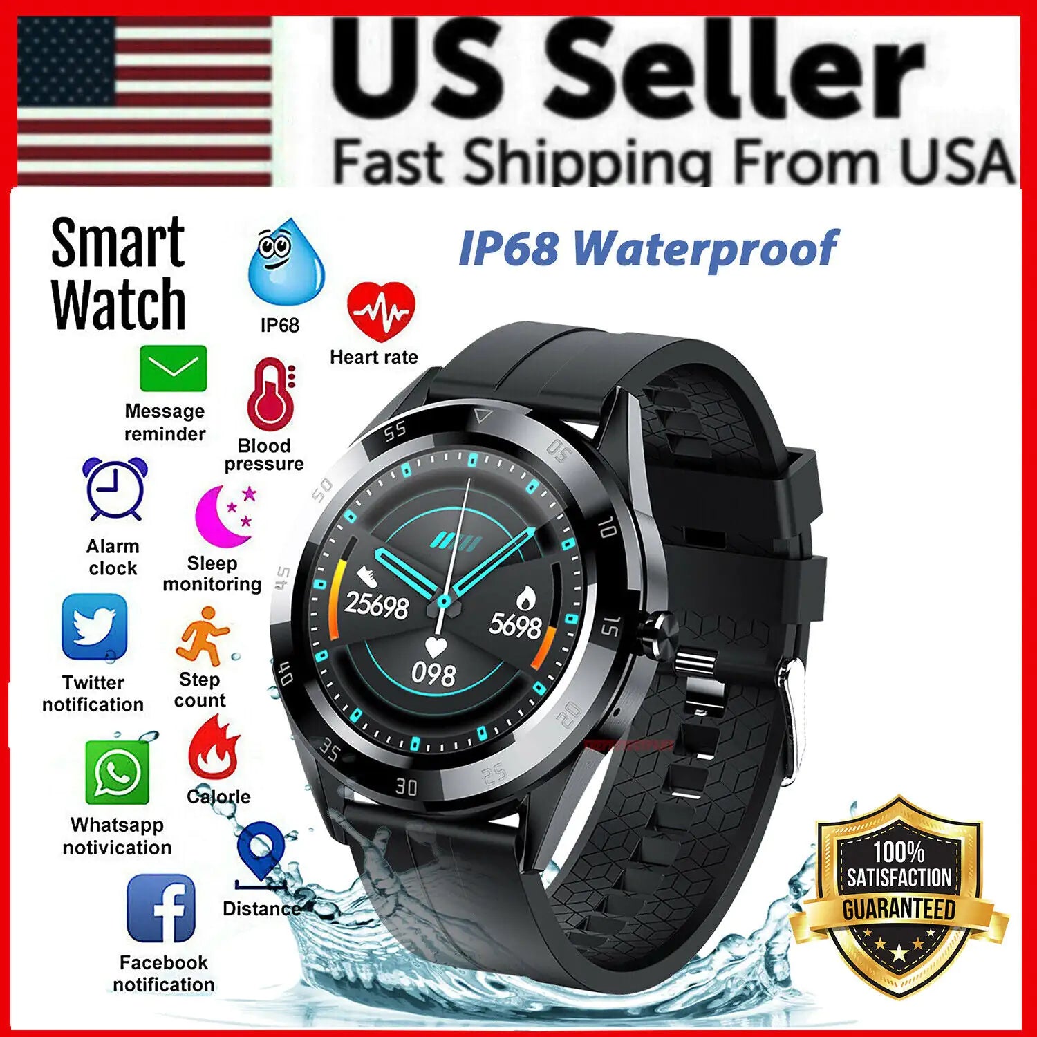 Waterproof Bluetooth smartwatch with heart rate tracker for iOS and Android