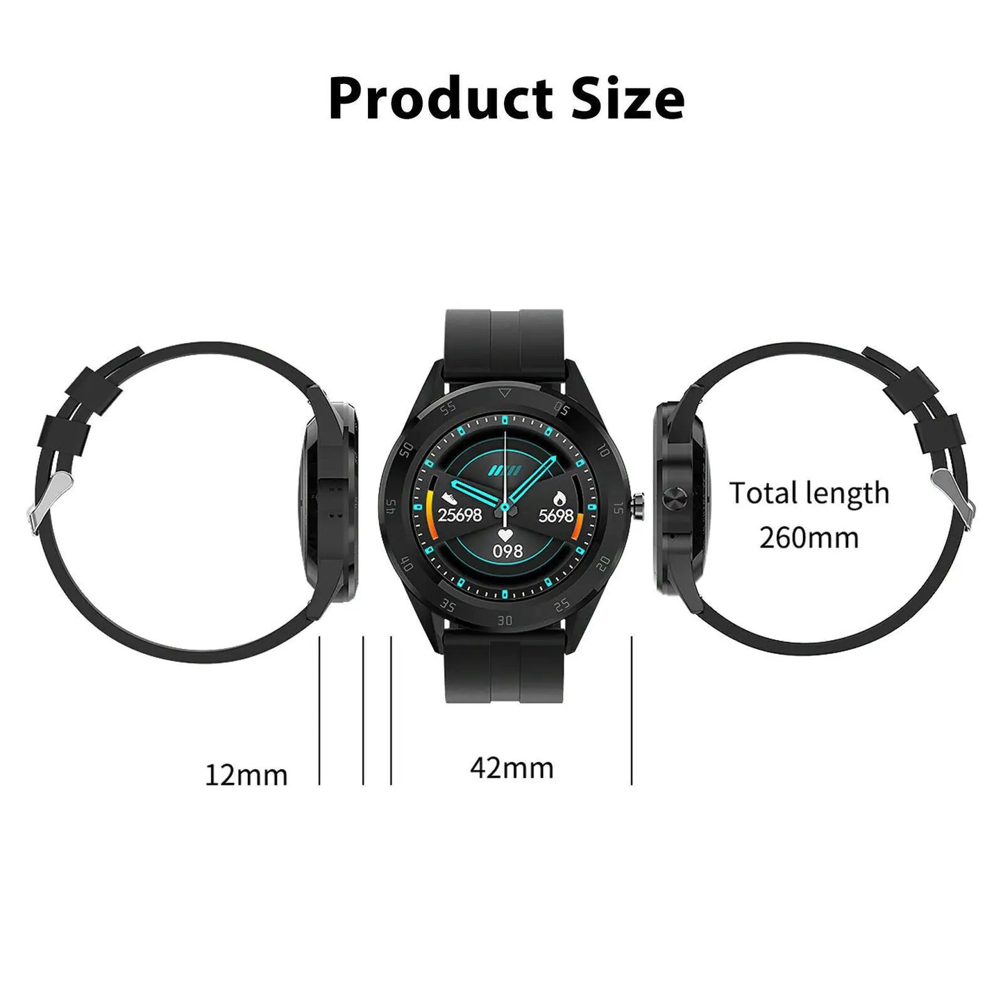 Bluetooth smartwatch with step counter, heart rate sensor, and waterproof body.