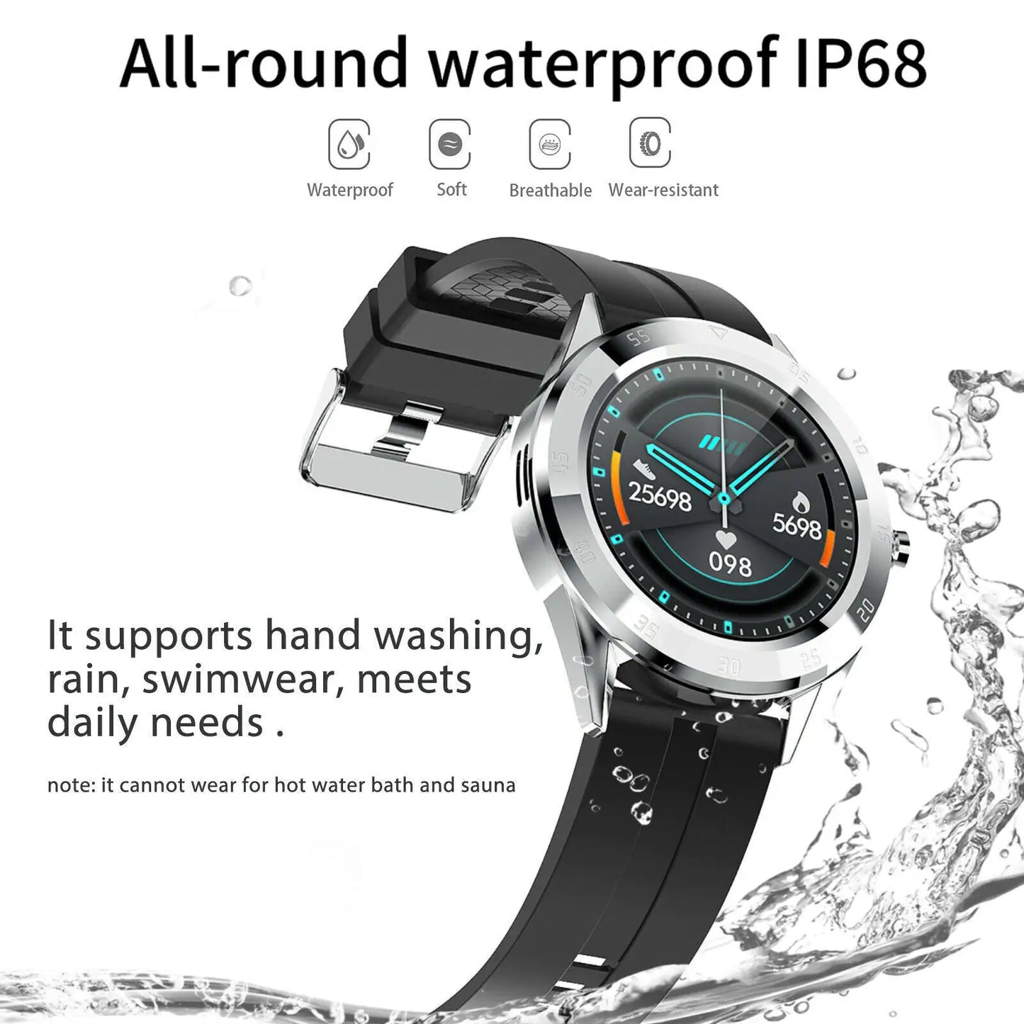Smart fitness watch with waterproof design and phone connectivity.