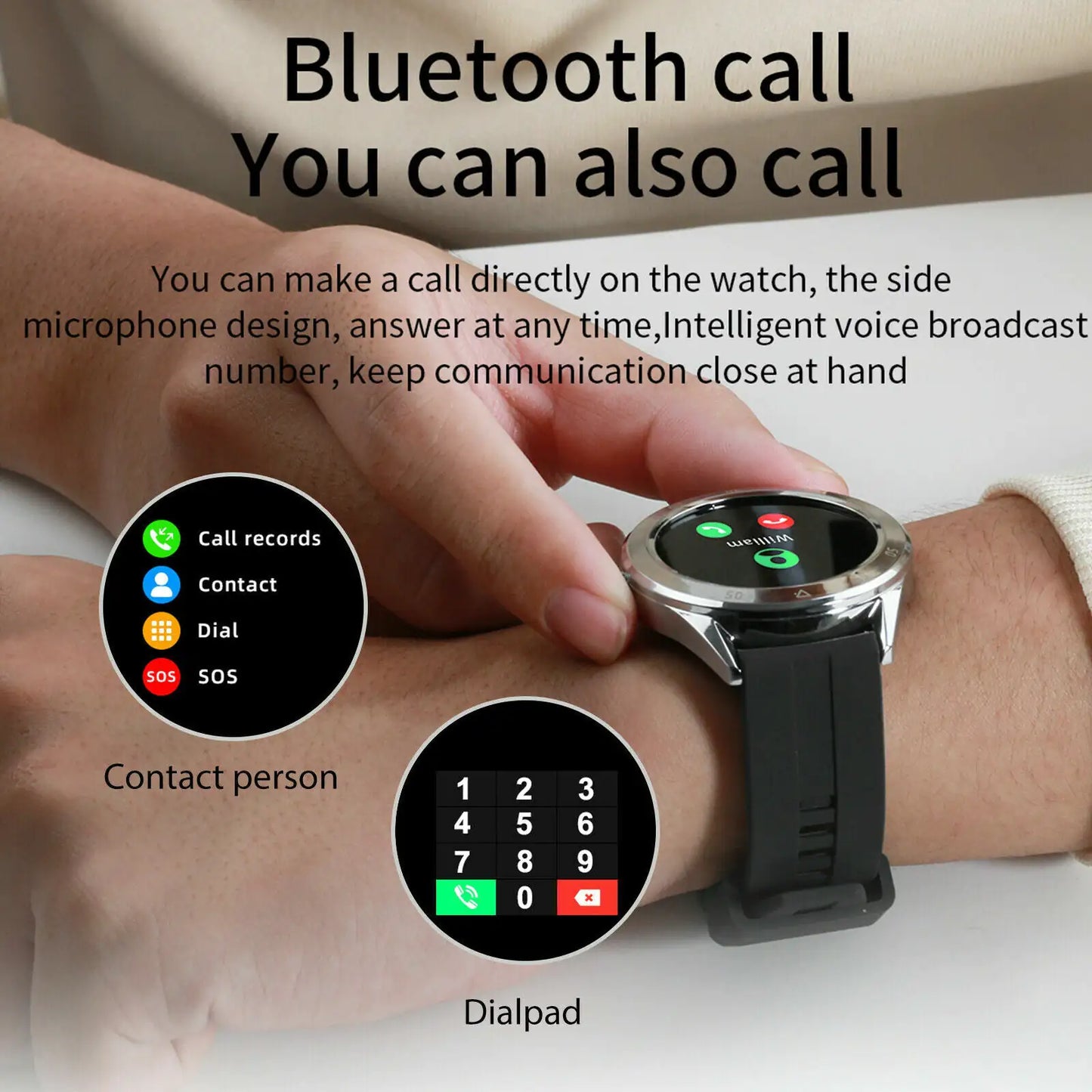 Bluetooth smartwatch with step counter, heart rate sensor, and waterproof body.