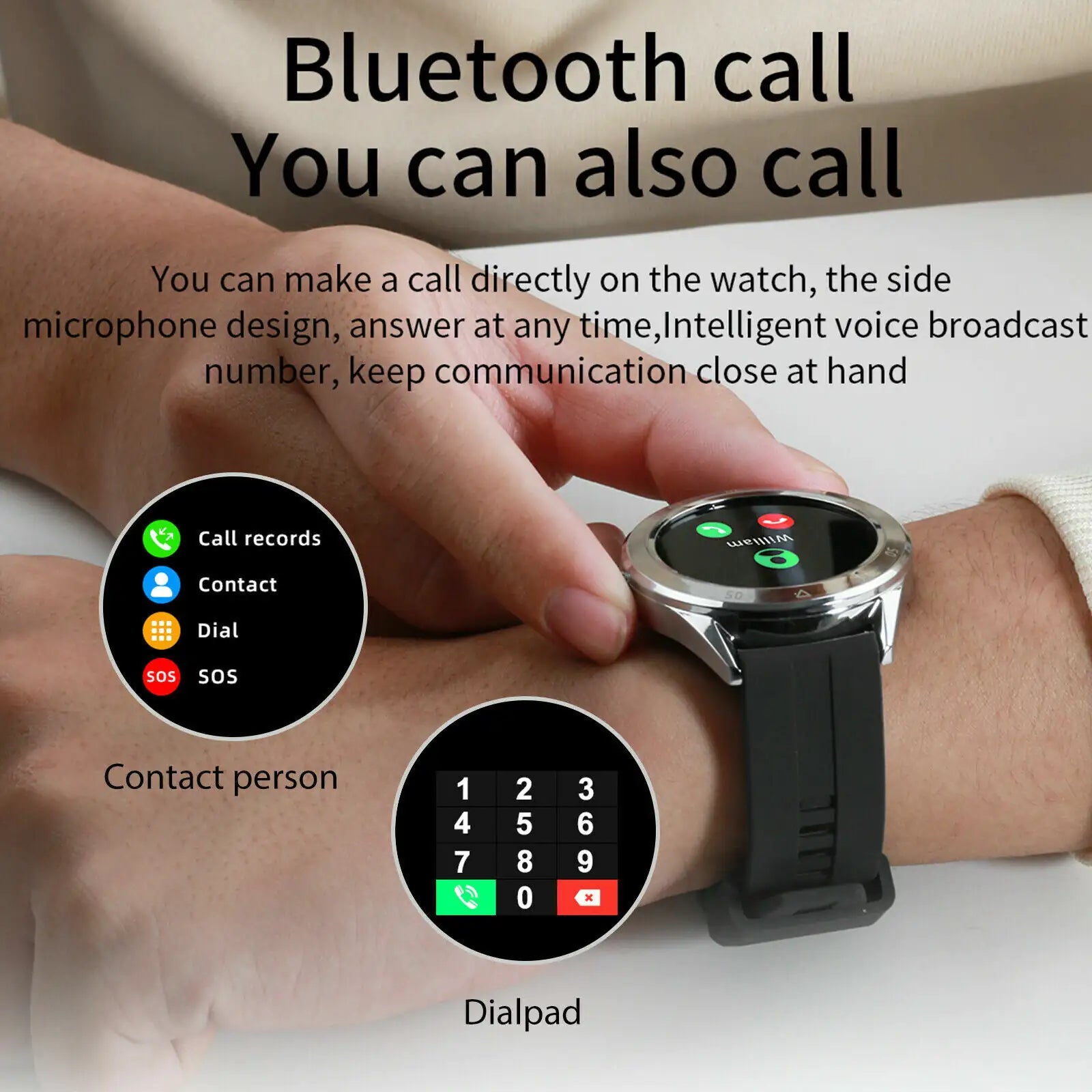 Bluetooth smartwatch with step counter, heart rate sensor, and waterproof body.