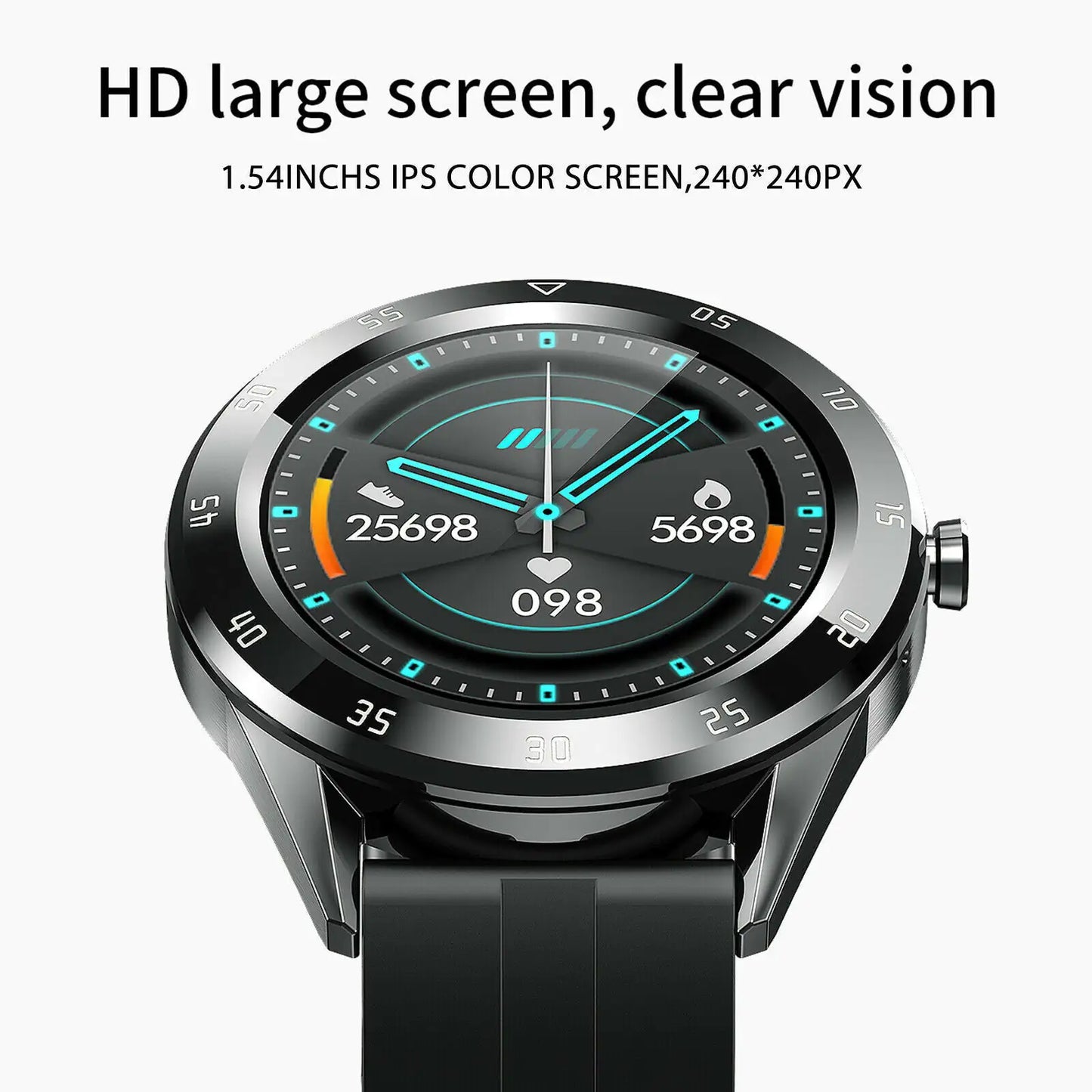 Smart watch with heart rate monitor, step counter, and Bluetooth function.