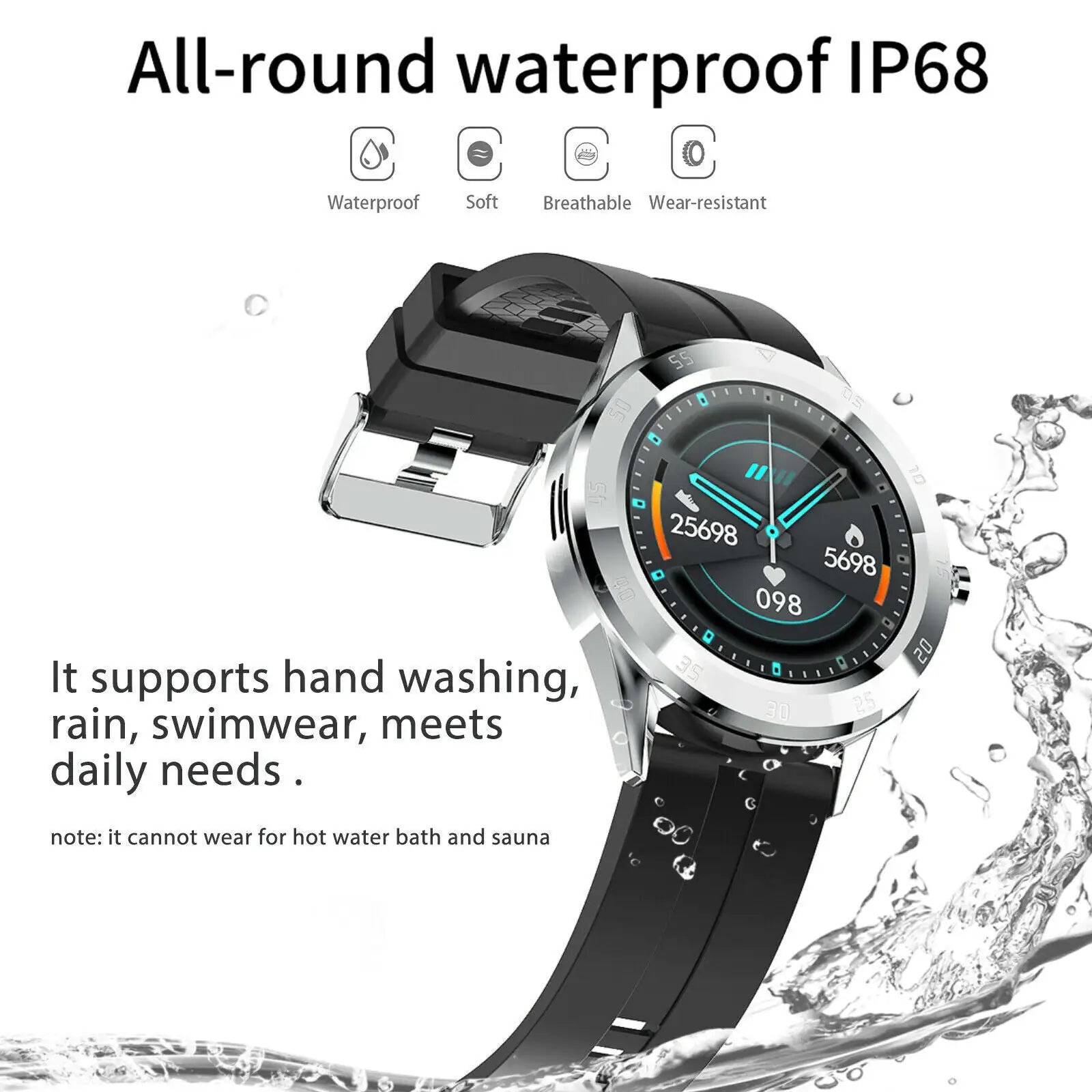 Smartwatch with waterproof protection and Bluetooth connectivity.