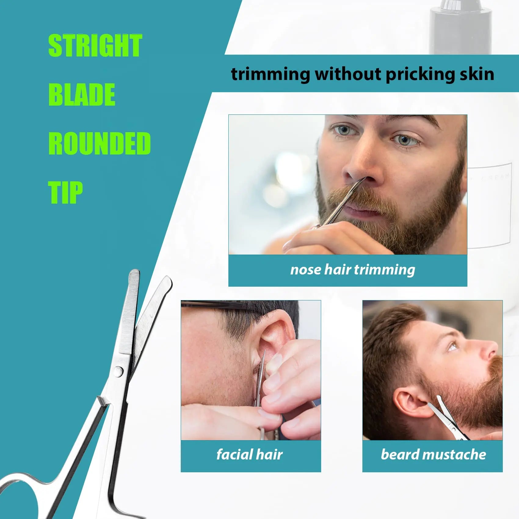 Facial Hair Small Grooming Scissors For Men Women - Eyebrow, Nose Hair, Mustache, Beard, Eyelashes, Ear Trimming Kit - Curved and Rounded Safety Tip Clippers For Hair Cutting - 2PCS Silver Anti Spier