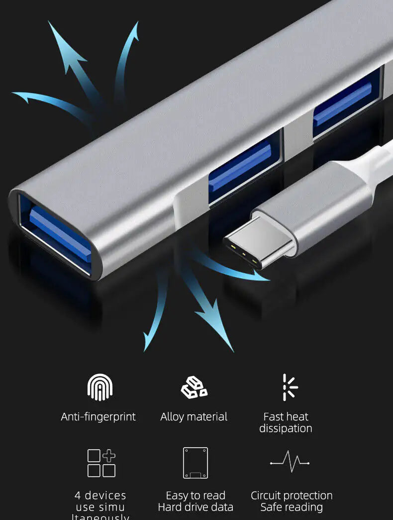 USB-C Type C to USB 3.0 4 Port Hub Splitter For PC Mac Phone MacBook Pro iPad Anti Spier