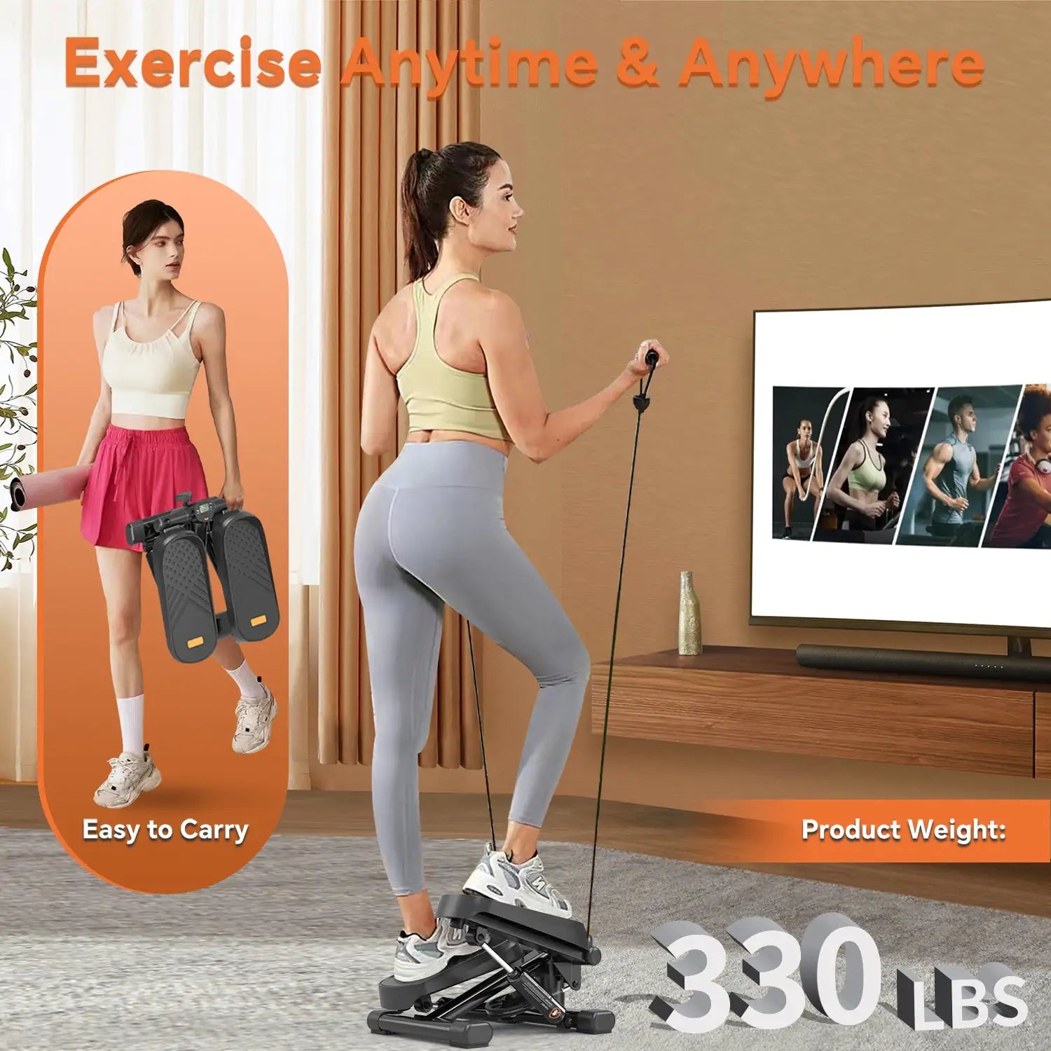 Home Office Exercise 330LBS Capacity Mini Stepper With Resistance Bands And LCD Monitor Anti Spier